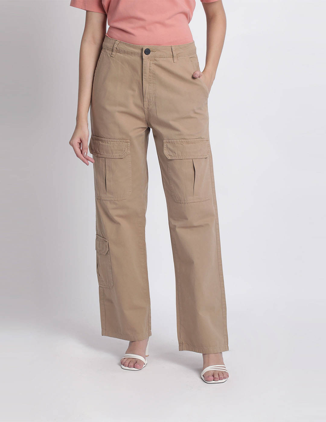     			IVOC Women Straight Fit High-Rise Cotton Cargos Trousers