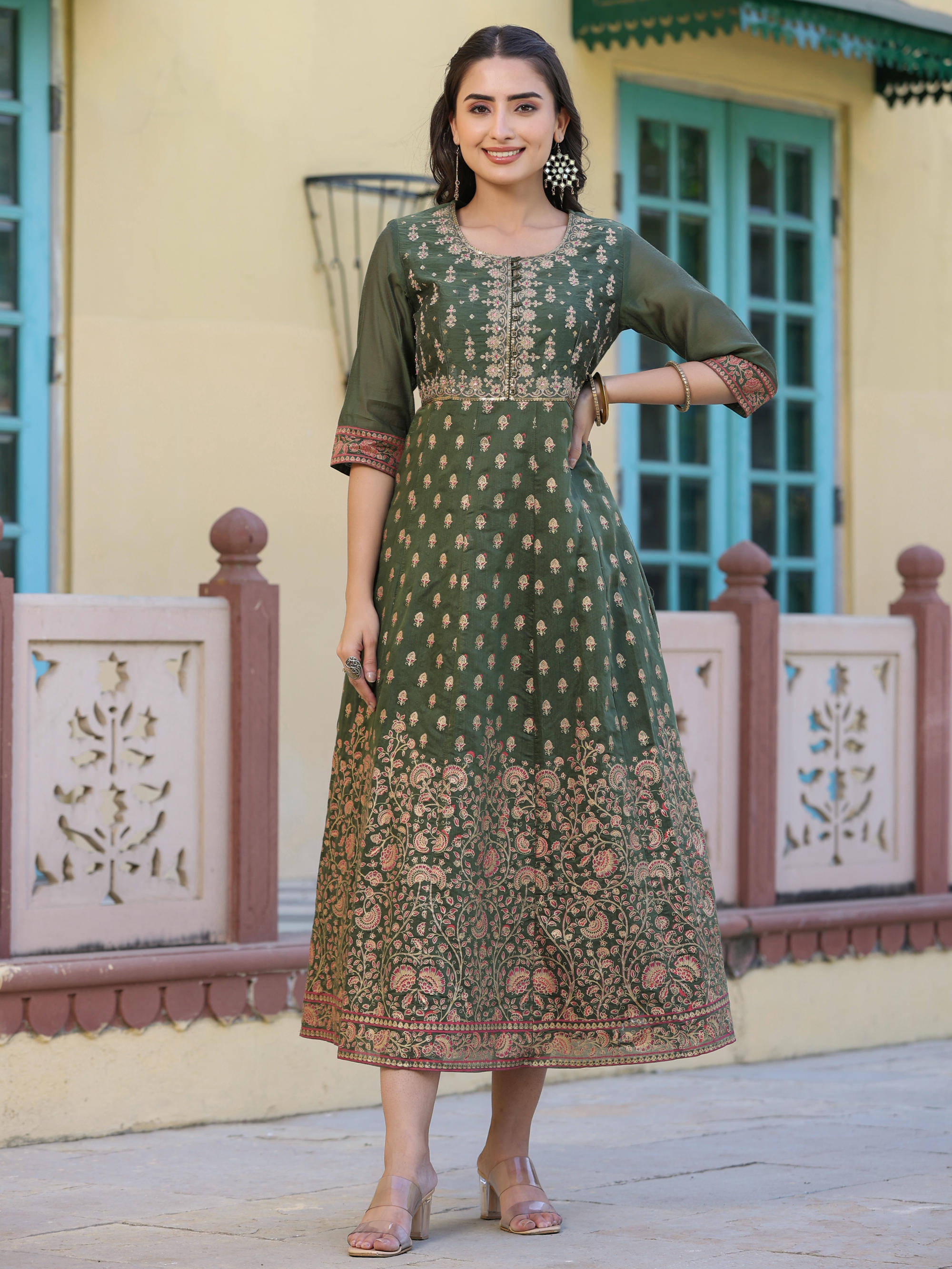     			Juniper Women Cotton Embroidered Ethnic Dress ( Olive )