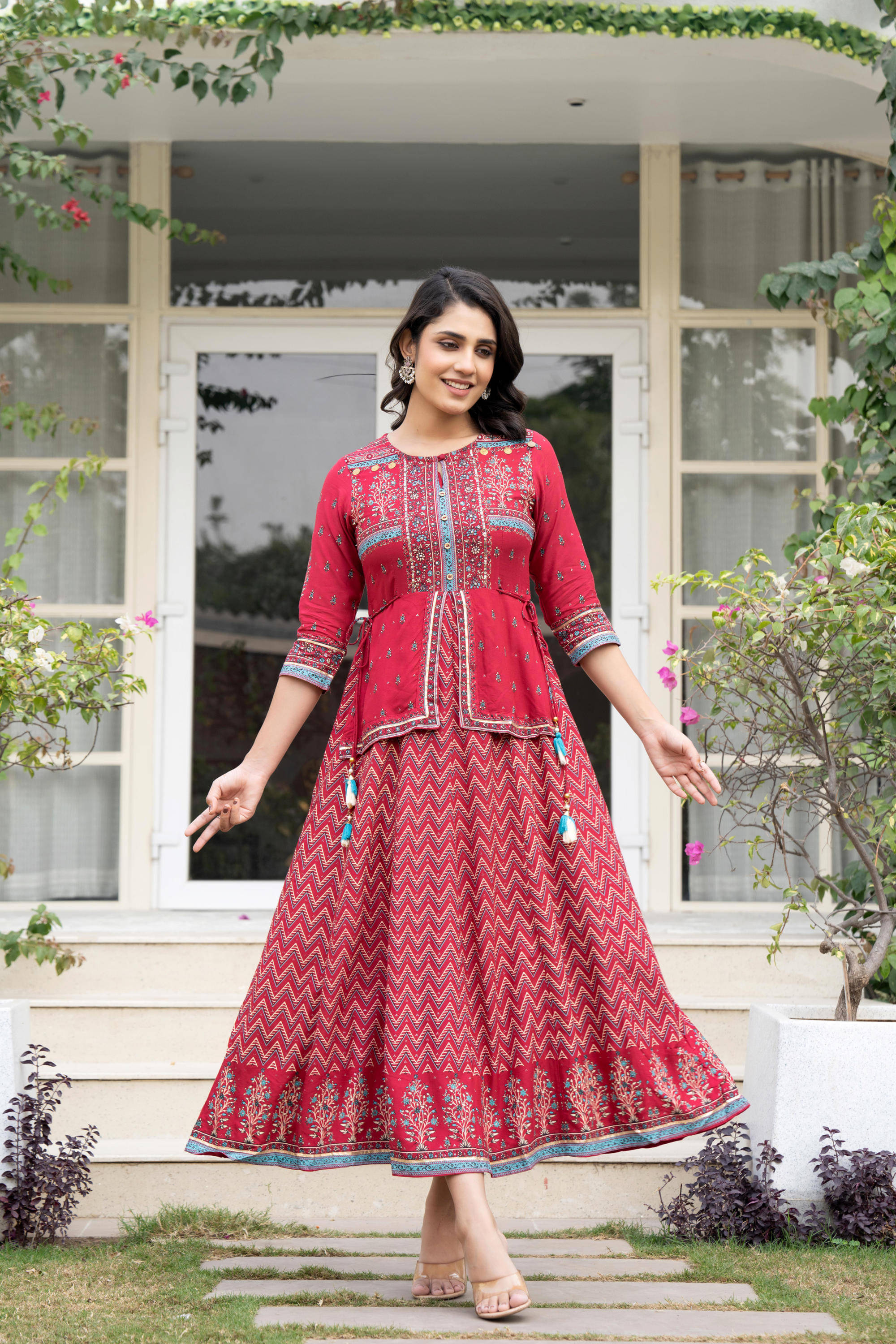     			Juniper Women Rayon Printed Ethnic Dress ( Red )