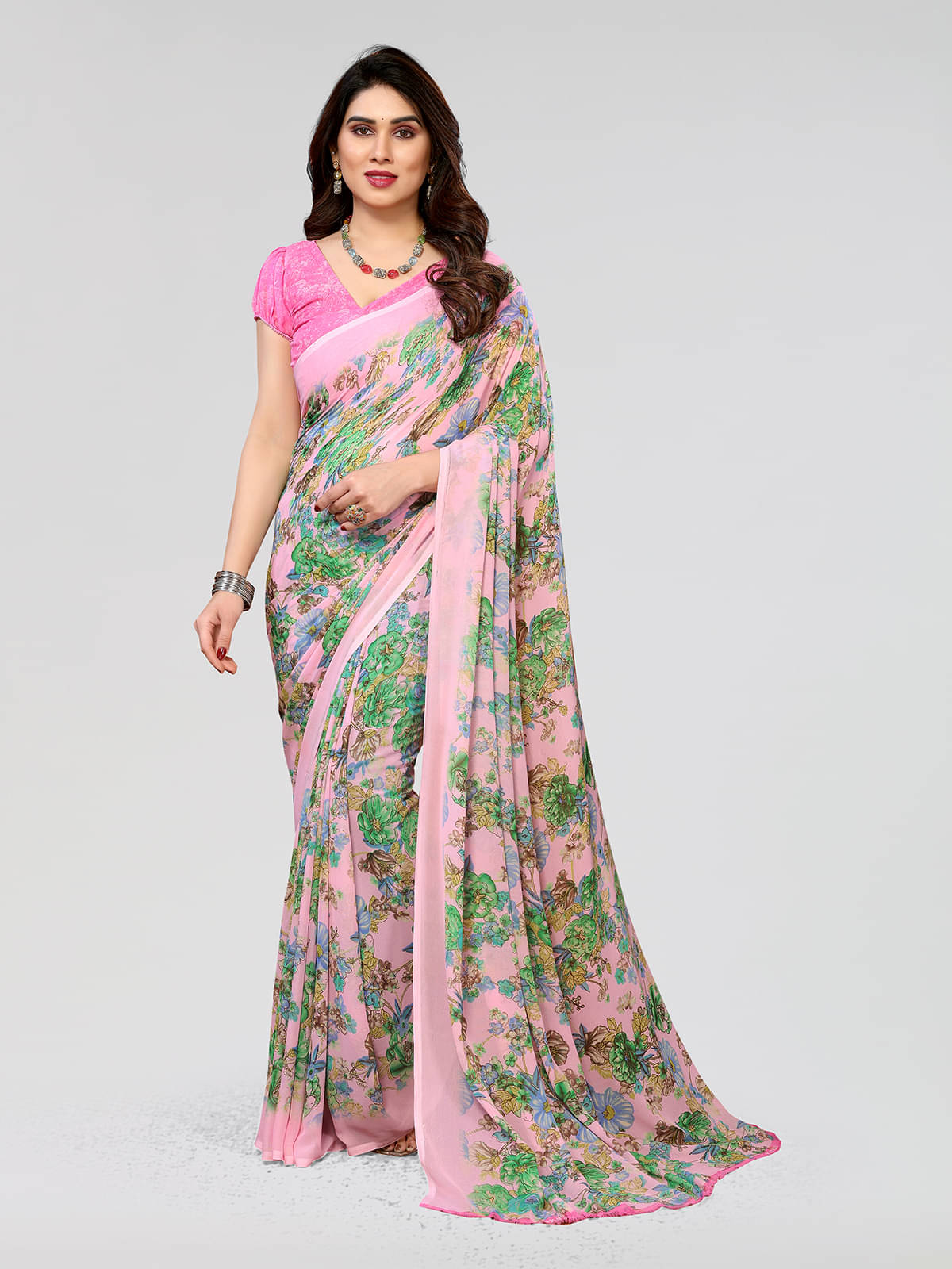 Kashvi Sarees Georgette Printed Saree With Unstitched Blouse Piece ( Pink )     			Kashvi Sarees Georgette Printed Saree With Unstitched Blouse Piece ( Pink )