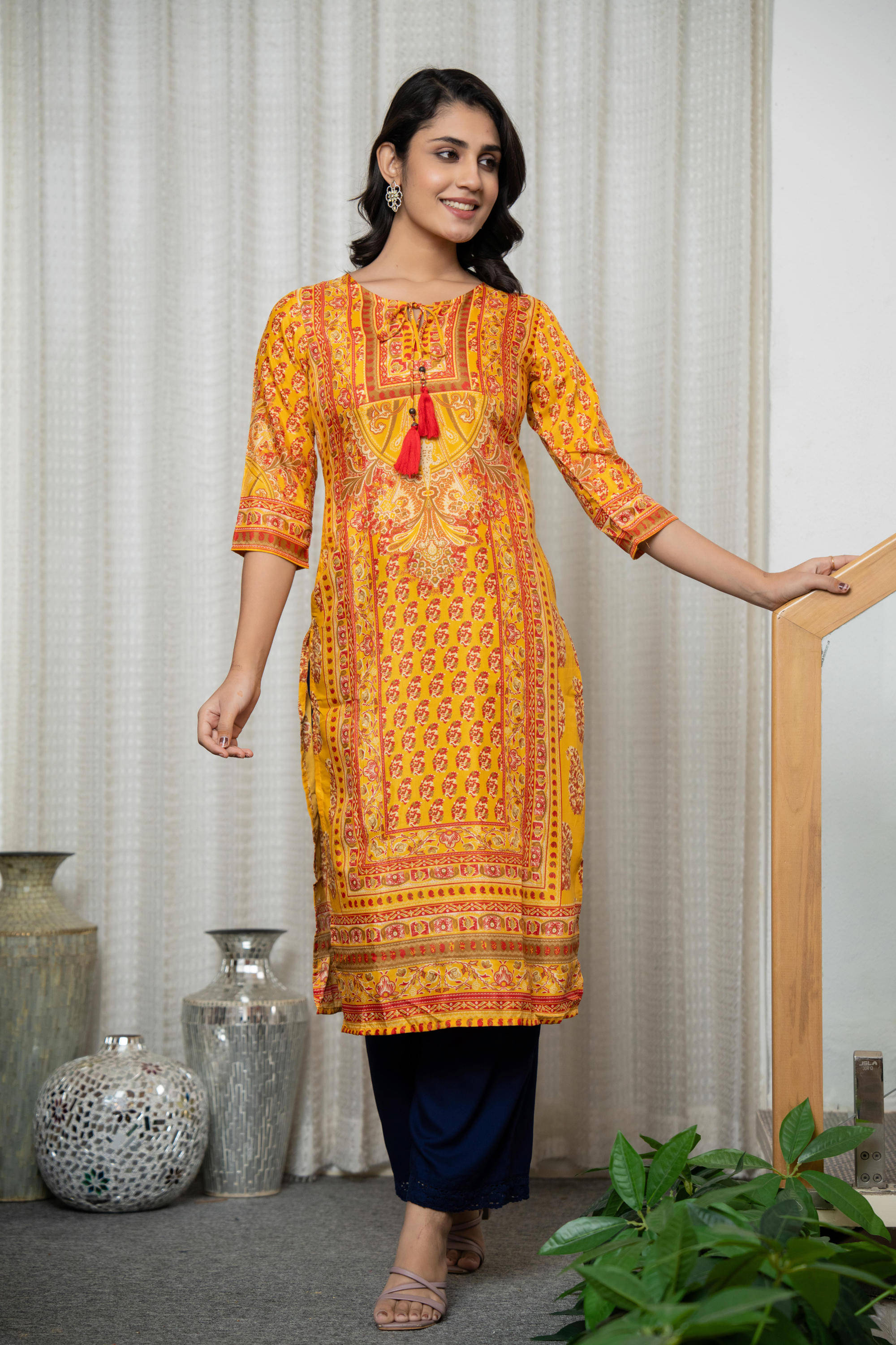 Kurta Pack of 1 Silk Printed Straight Women's Kurti - ( Mustard ) Kurta Pack of 1 Silk Printed Straight Women's Kurti - ( Mustard )