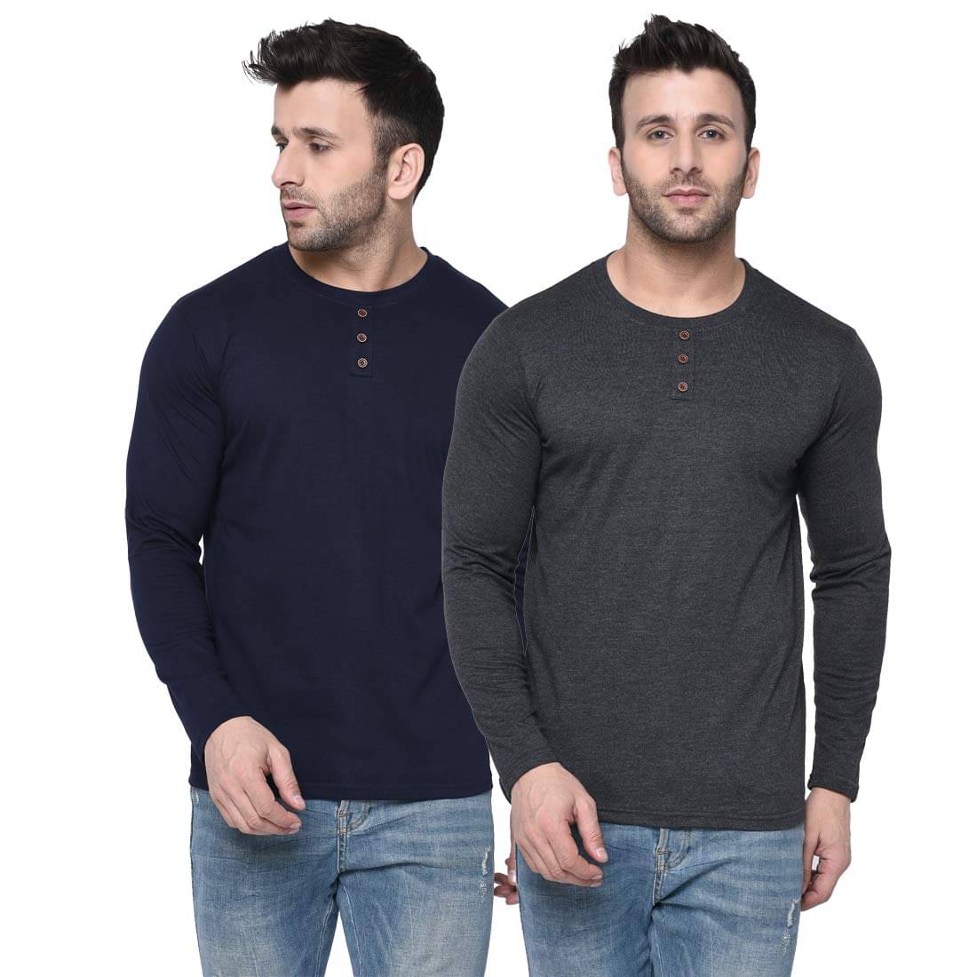 LONDON HILLS Cotton Blend Regular Fit Solid Full Sleeves Men's Round T-Shirt - Navy Blue ( Pack of 2 )     			LONDON HILLS Cotton Blend Regular Fit Solid Full Sleeves Men's Round T-Shirt - Navy Blue ( Pack of 2 )