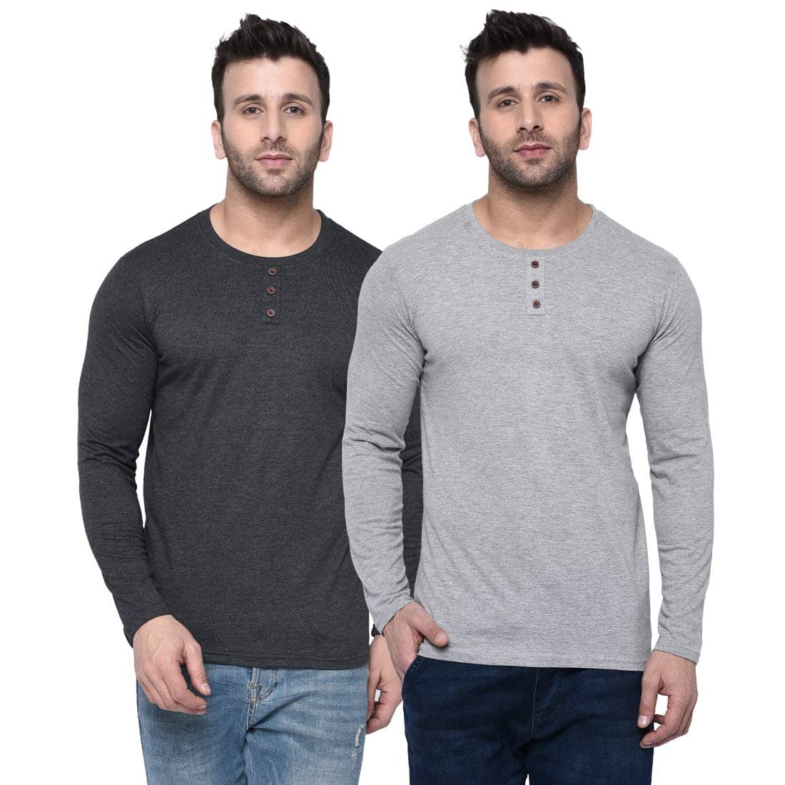 LONDON HILLS Cotton Blend Regular Fit Solid Full Sleeves Men's Round T-Shirt - Navy ( Pack of 2 )