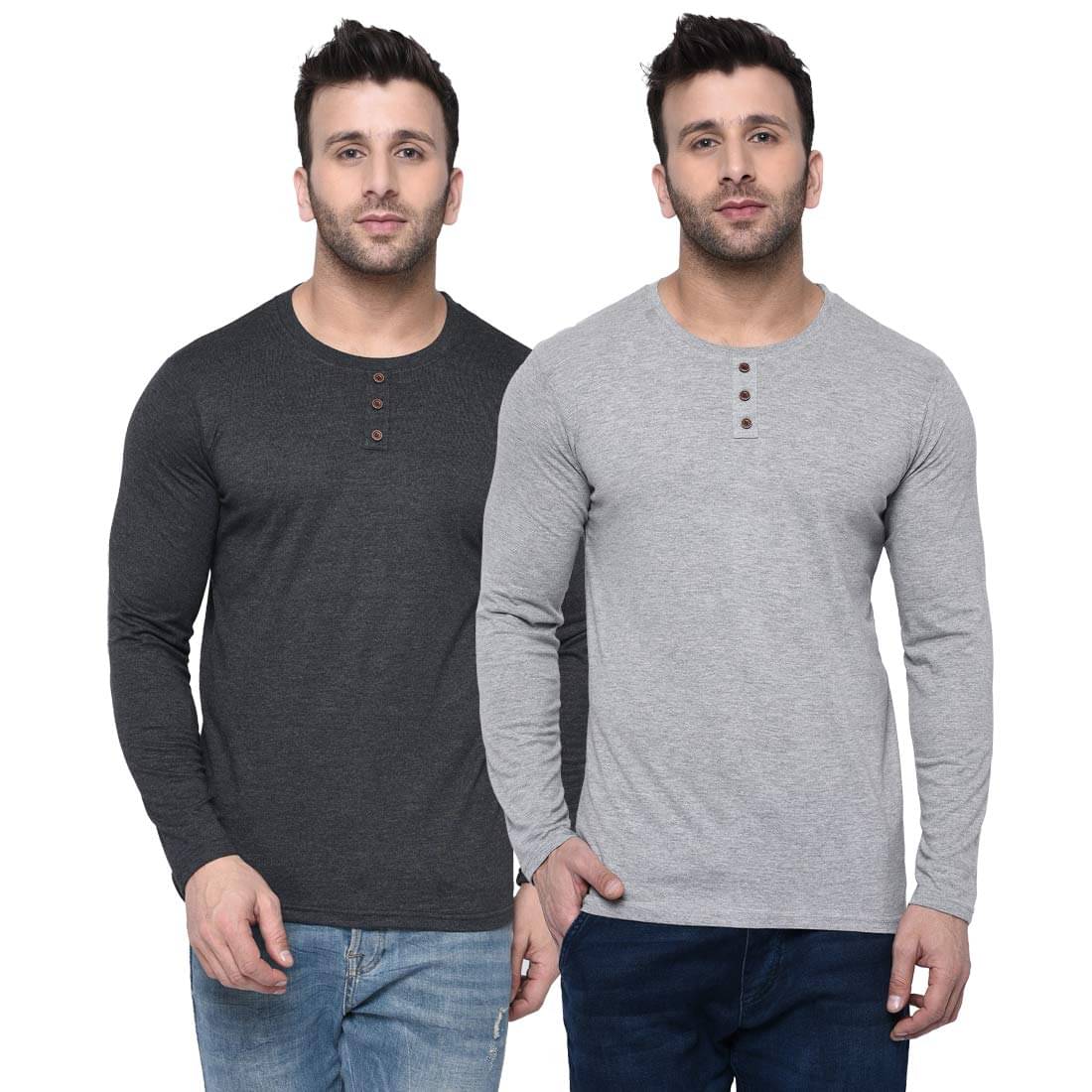     			LONDON HILLS Cotton Blend Regular Fit Self Design Full Sleeves Men's Round T-Shirt - Grey ( Pack of 2 )