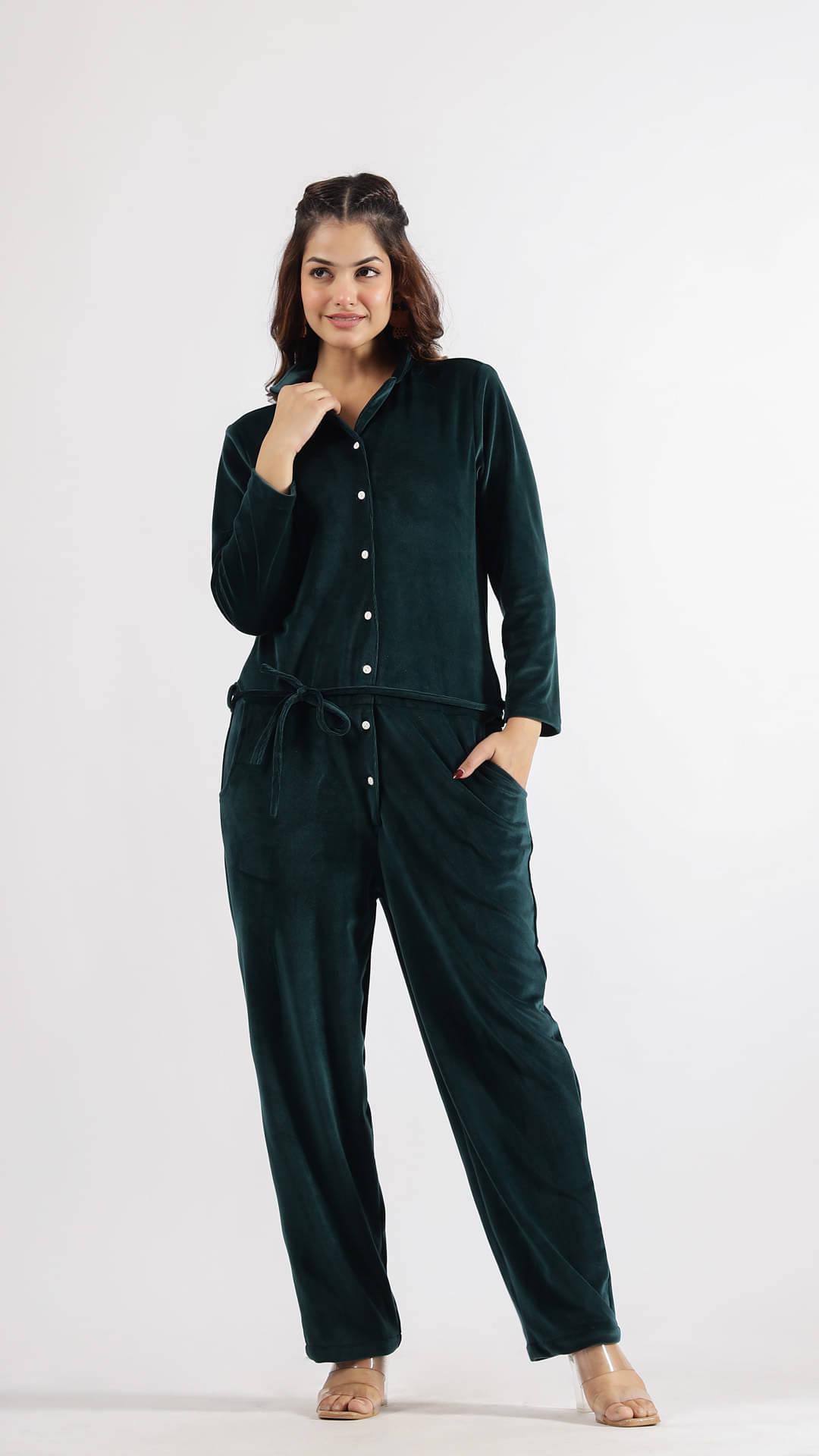     			Label Flavia Women Solid Corduroy Basic Jumpsuit ( Green )