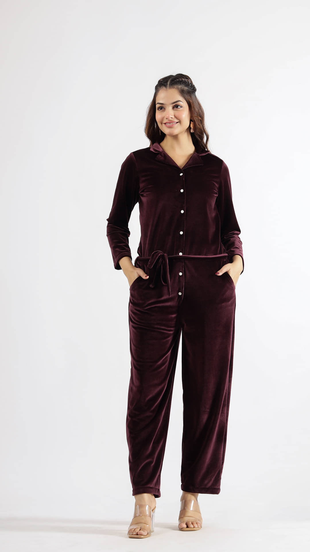     			Label Flavia Women Solid Corduroy Basic Jumpsuit ( Wine )