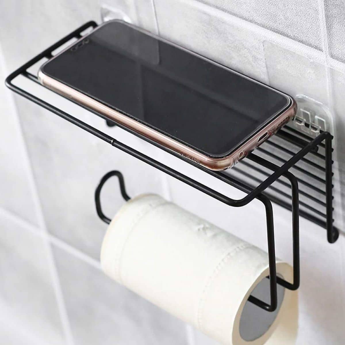 NCMART Powder Coated Drill Free Self-Adhesive Paper Roll Holder Tissue Paper Stand Toilet Paper Holder with Mobile Stand Rack Shelf for Bathroom Toilet (Black, Pack of 1)