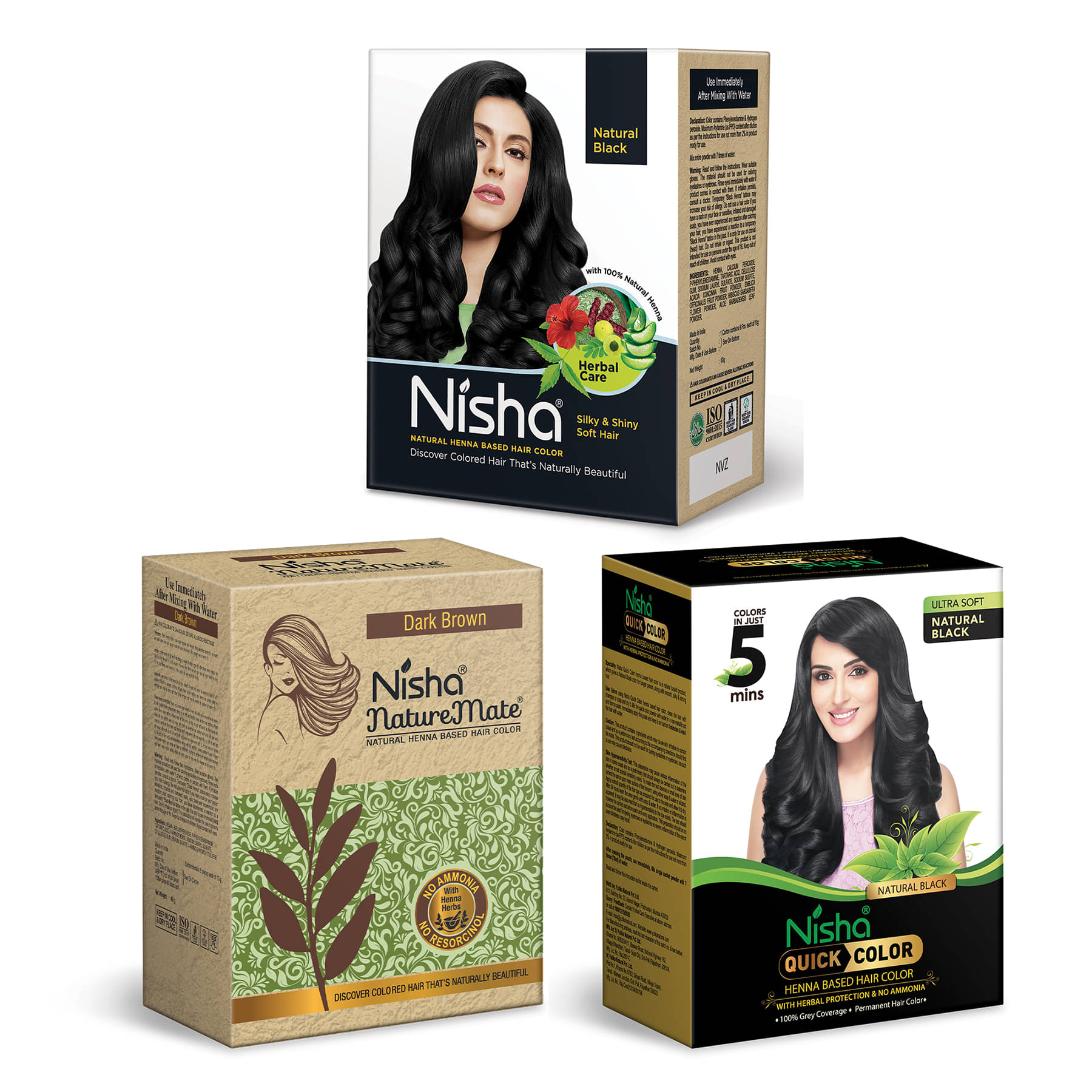     			Nisha Henna Hair Colour Combo Pack Natural Black 60g, Dark Brown 60g and Quick Hair Colour Natural Black Hair Dye 60g