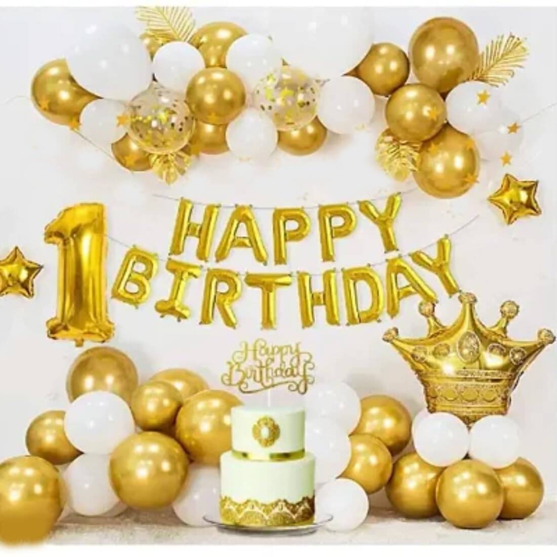     			PartyBooms Happy Birthday Black Banner, 1 Number Gold Foil Balloon, 1 Gold Crown Foil 2 Gold Star, 30 Gold, White Metalic Balloons & 5 Confetti Balloons (Pack of 40)