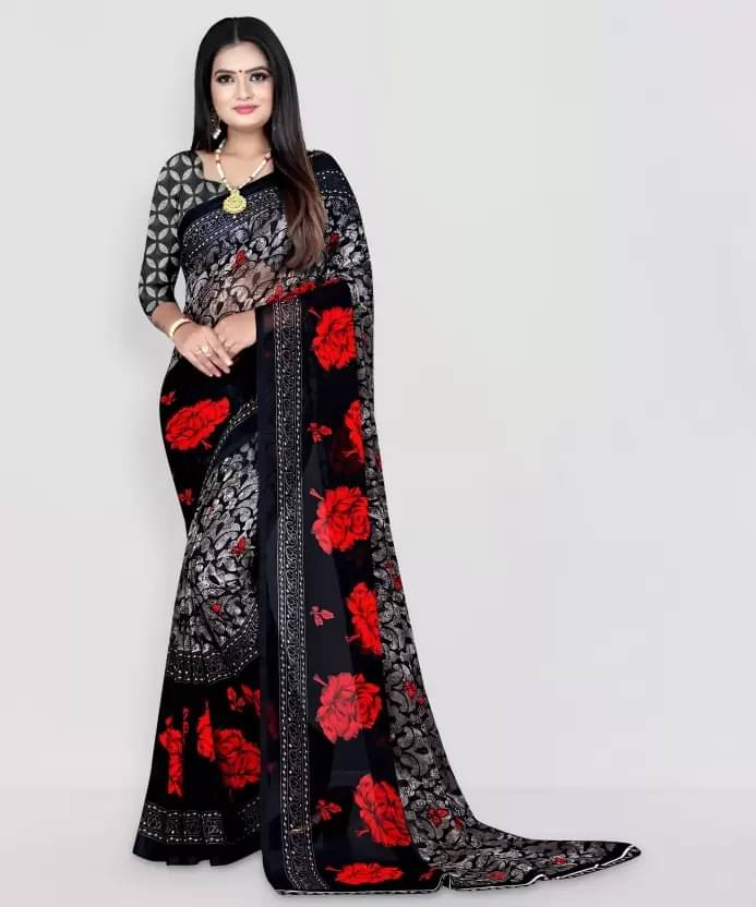 Saadhvi Georgette Printed Saree With Unstitched Blouse Piece ( Black ) Saadhvi Georgette Printed Saree With Unstitched Blouse Piece ( Black )