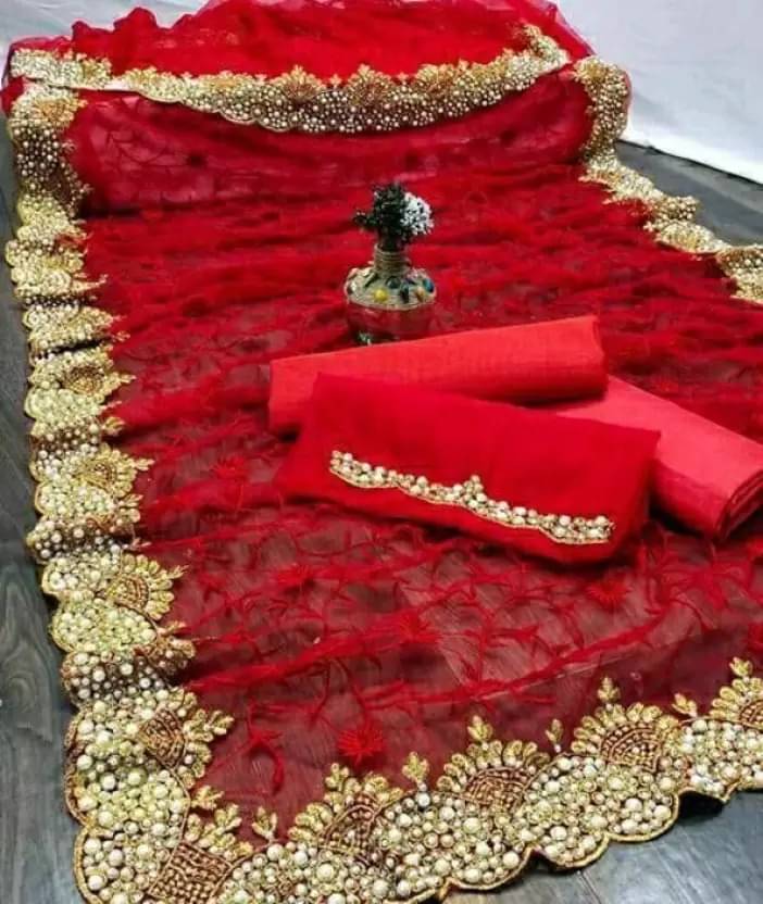 Saadhvi Net Embellished Saree With Unstitched Blouse Piece ( Red ) Saadhvi Net Embellished Saree With Unstitched Blouse Piece ( Red )