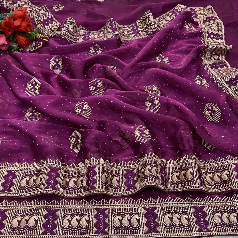     			Saadhvi Organza Embroidered Saree With Unstitched Blouse Piece ( Purple )
