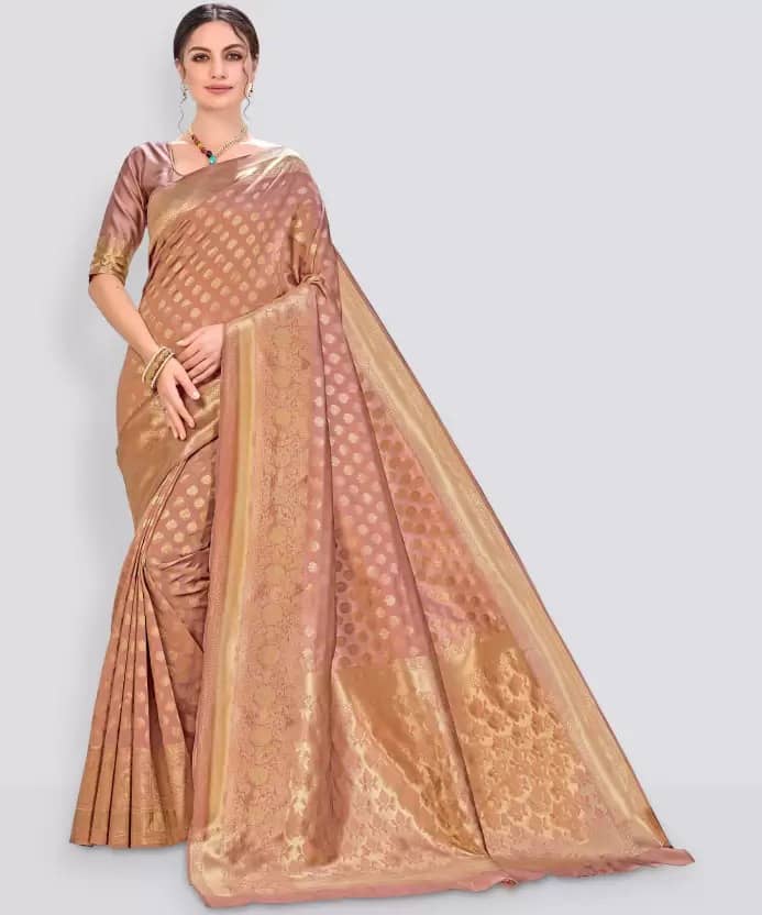 Saadhvi Silk Woven Saree With Unstitched Blouse Piece ( Peach ) - Sarees | Buy online on ZillyBuy