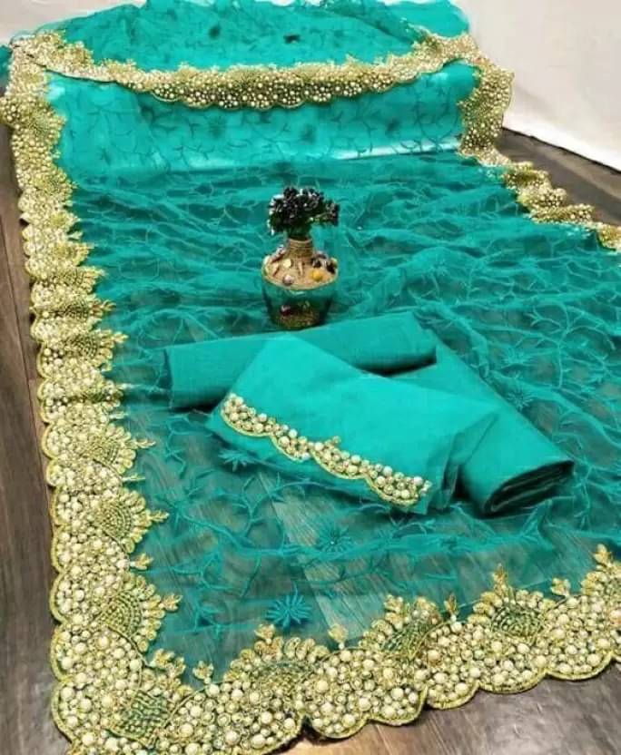 Samai Net Embellished Saree With Unstitched Blouse Piece ( Blue ) Samai Net Embellished Saree With Unstitched Blouse Piece ( Blue )