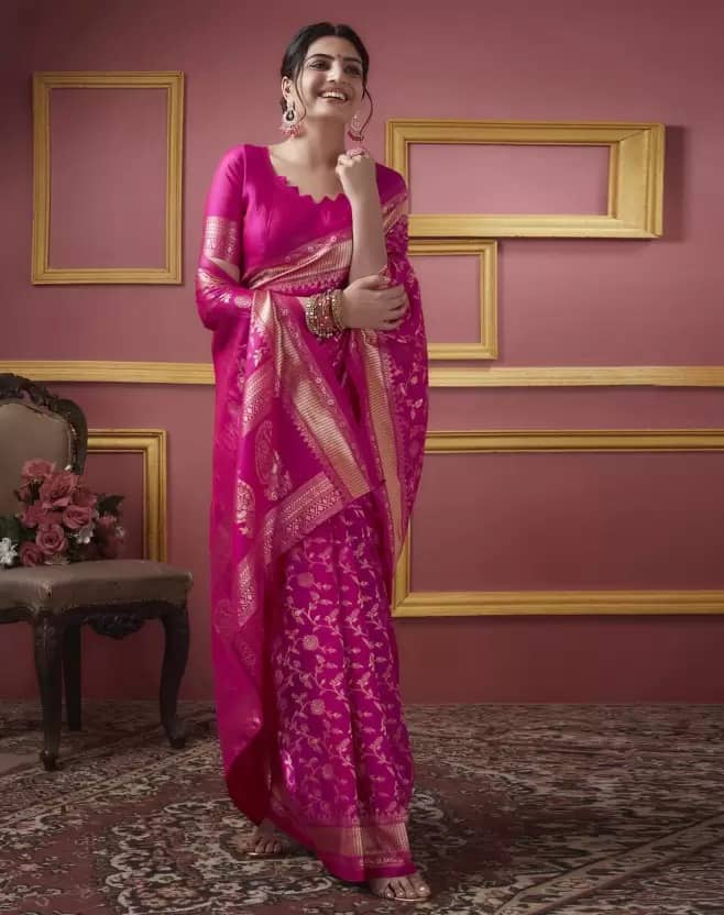 Samai Silk Embellished Saree With Unstitched Blouse Piece ( Rani ) - Sarees | Buy online on ZillyBuy