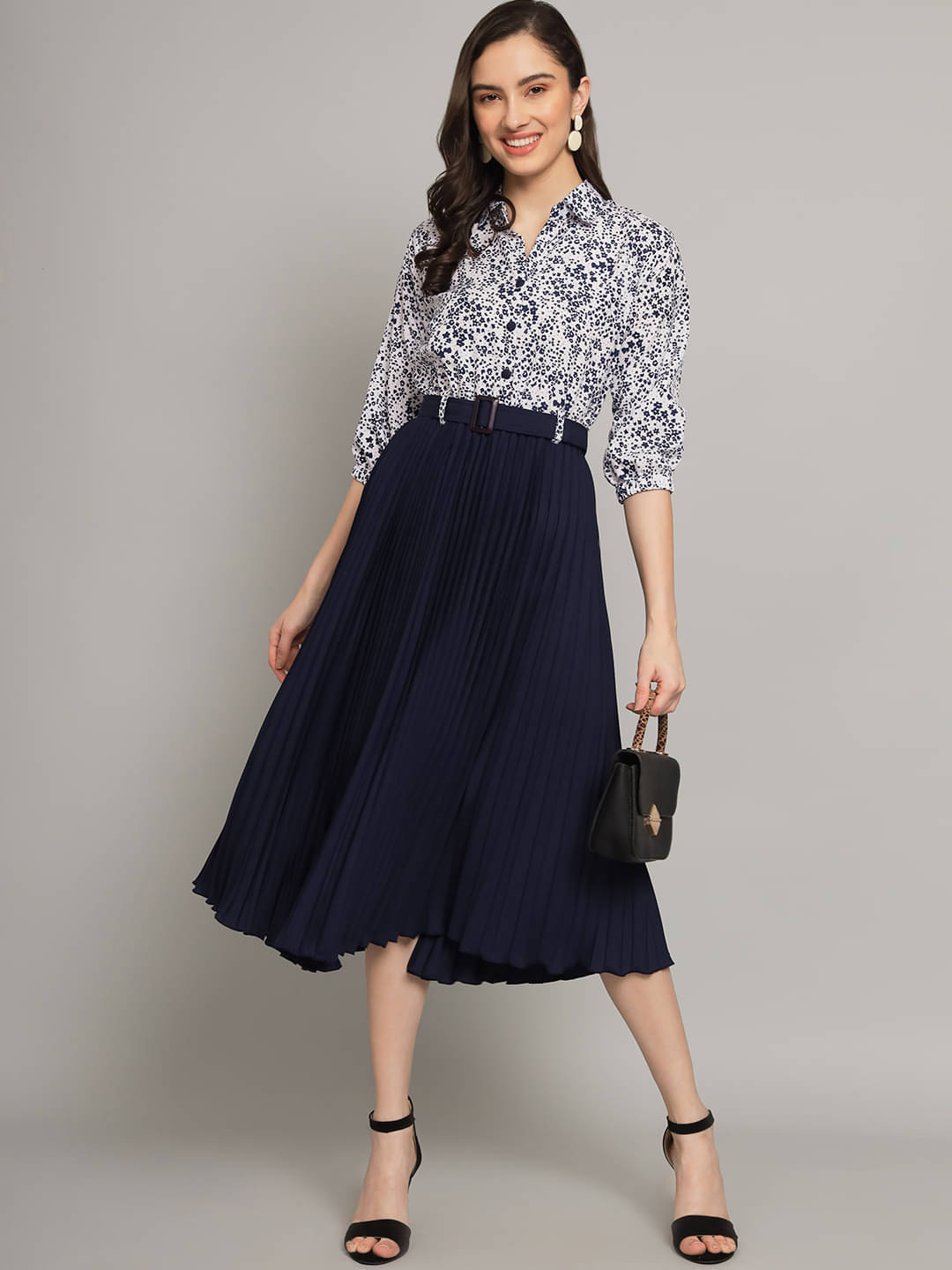     			Shine n Show Women Cotton Blend Printed Fit & Flare Dress ( Blue )