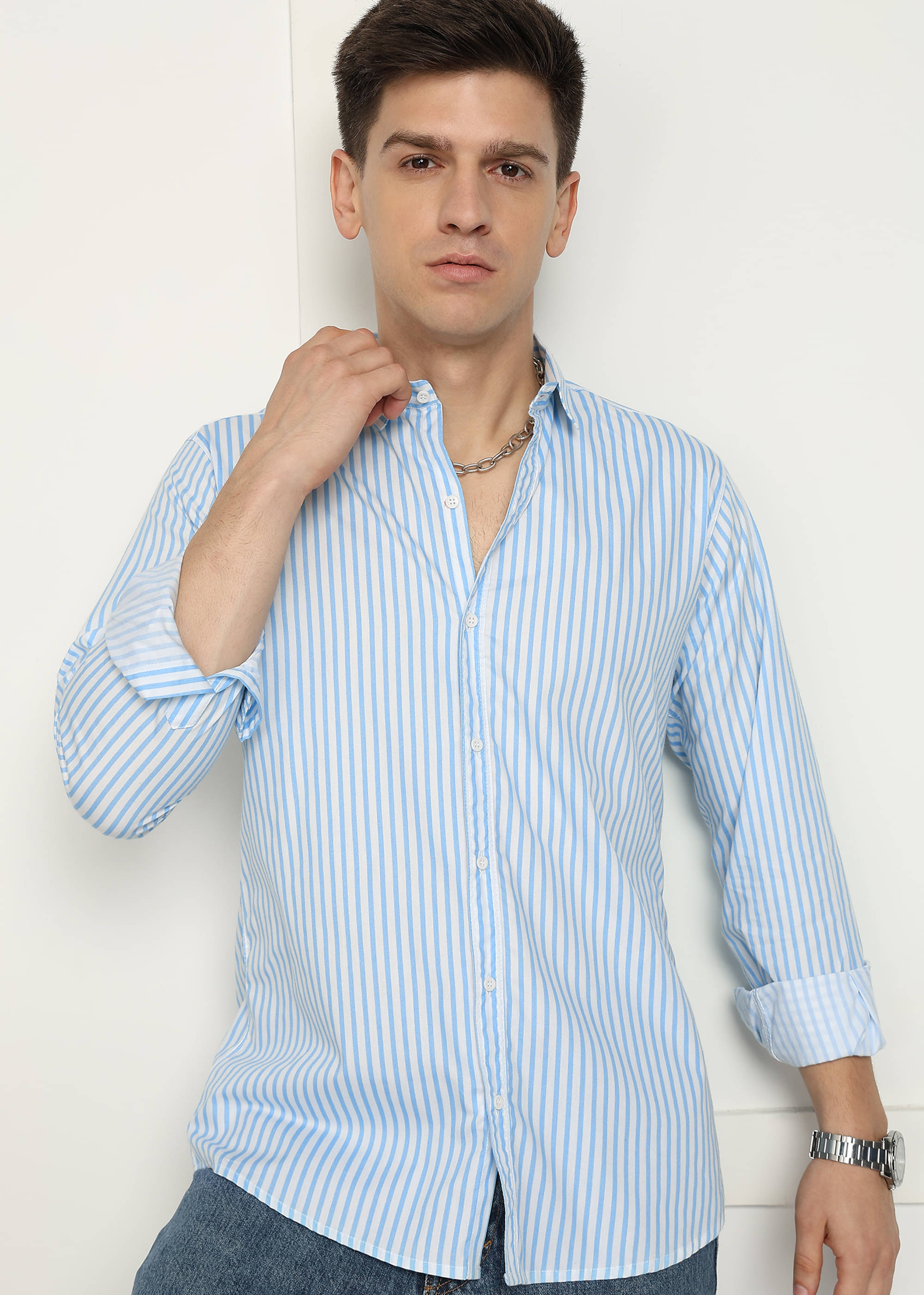     			U TURN 100% Cotton Slim Fit Striped Full Sleeves Men's Casual Shirt - Light Blue ( Pack of 1 )