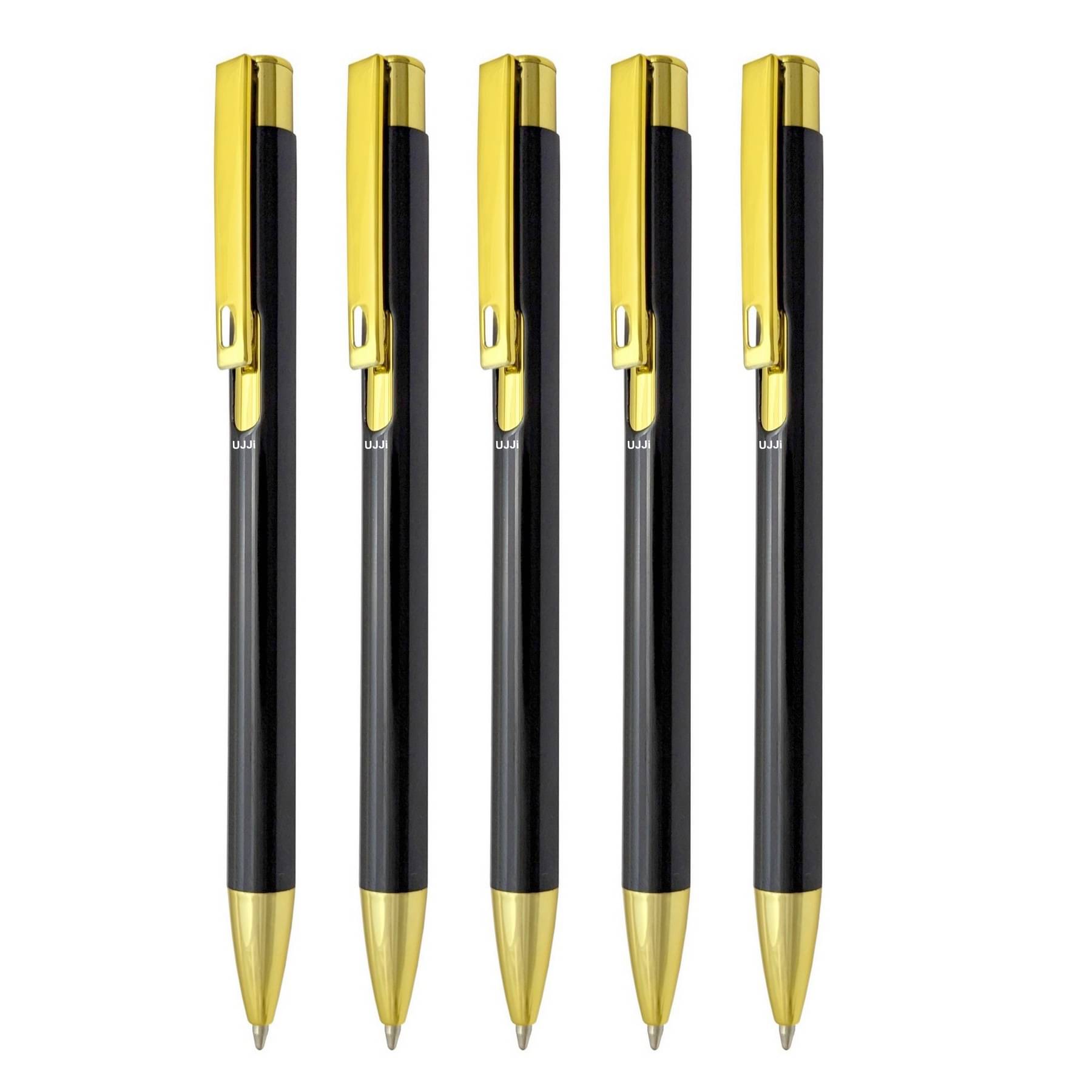     			UJJi Shiny Gloss Finish Black Colour with Gold Part Metal Pack of 5 Ball Pen