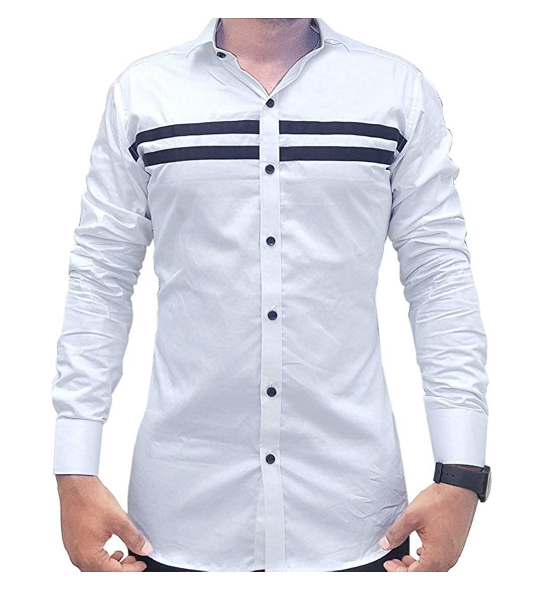 VERTUSY Cotton Blend Regular Fit Striped Full Sleeves Men's Casual Shirt - White ( Pack of 1 ) VERTUSY Cotton Blend Regular Fit Striped Full Sleeves Men's Casual Shirt - White ( Pack of 1 )