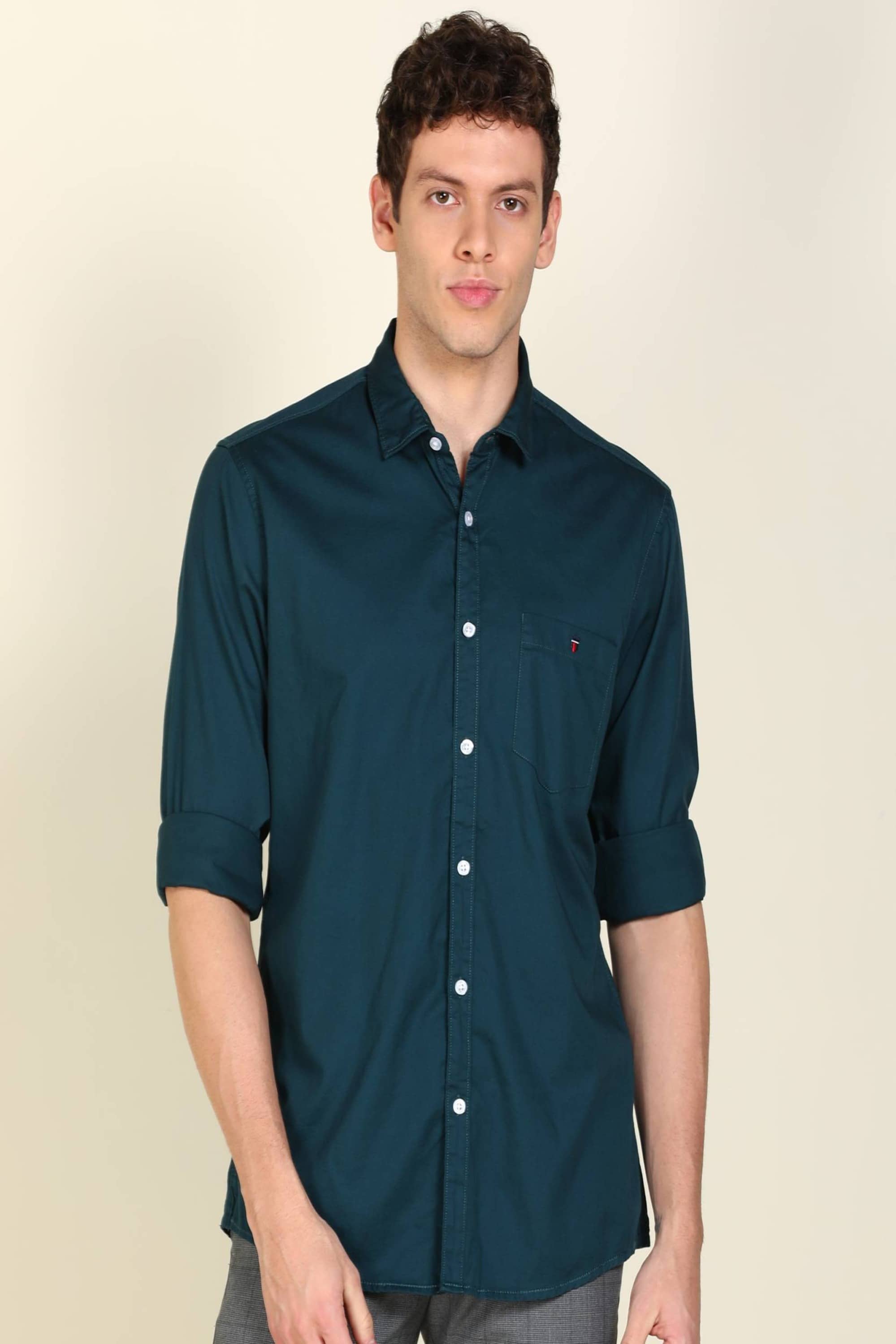 VERTUSY Cotton Blend Regular Fit Solids Full Sleeves Men's Casual Shirt - Teal ( Pack of 1 )