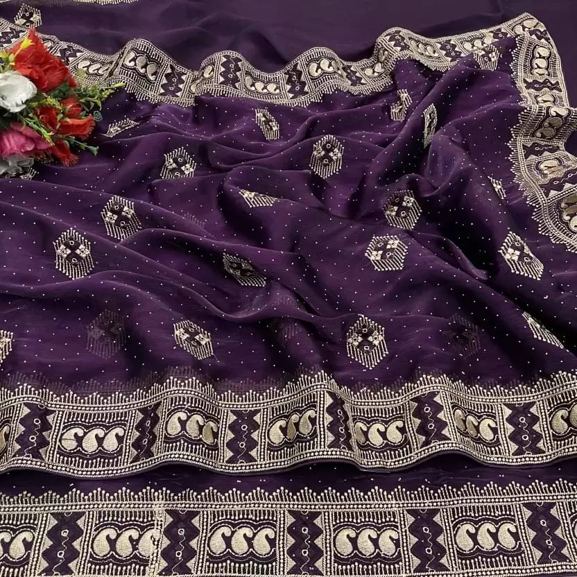     			Vkaran Organza Embroidered Saree With Unstitched Blouse Piece ( Wine )