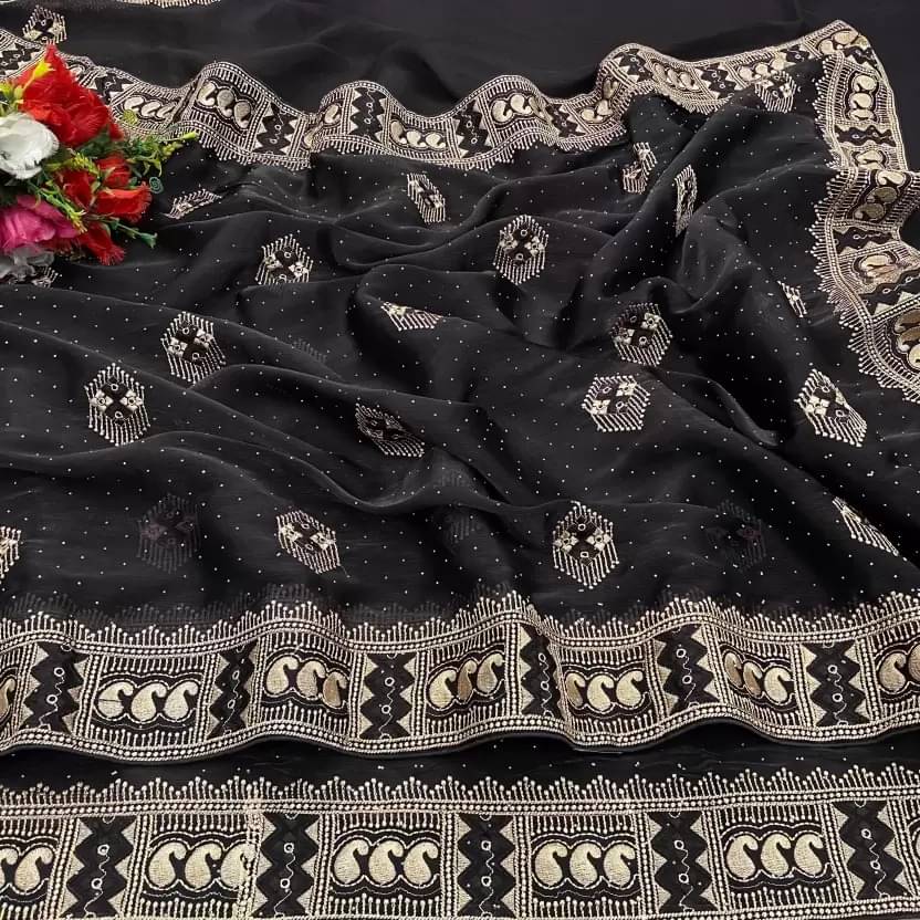 Vkaran Organza Embroidered Saree With Unstitched Blouse Piece ( Black ) Vkaran Organza Embroidered Saree With Unstitched Blouse Piece ( Black )