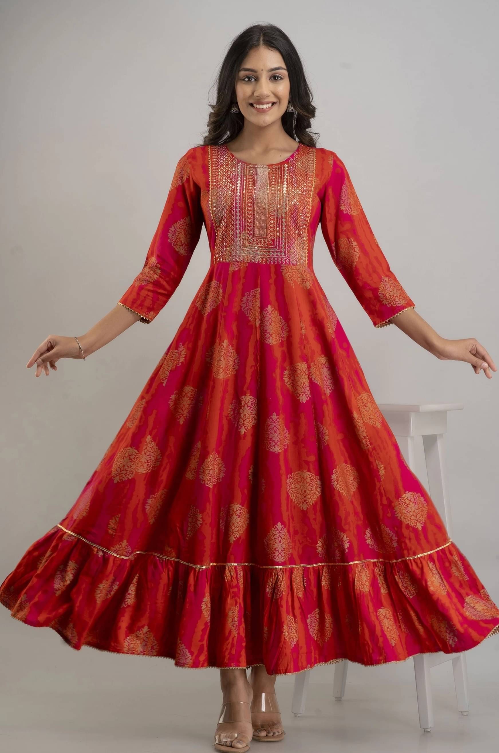 anushansa Pack of 1 Rayon Printed Anarkali Women's Kurti - ( Red )     			anushansa Pack of 1 Rayon Printed Anarkali Women's Kurti - ( Red )