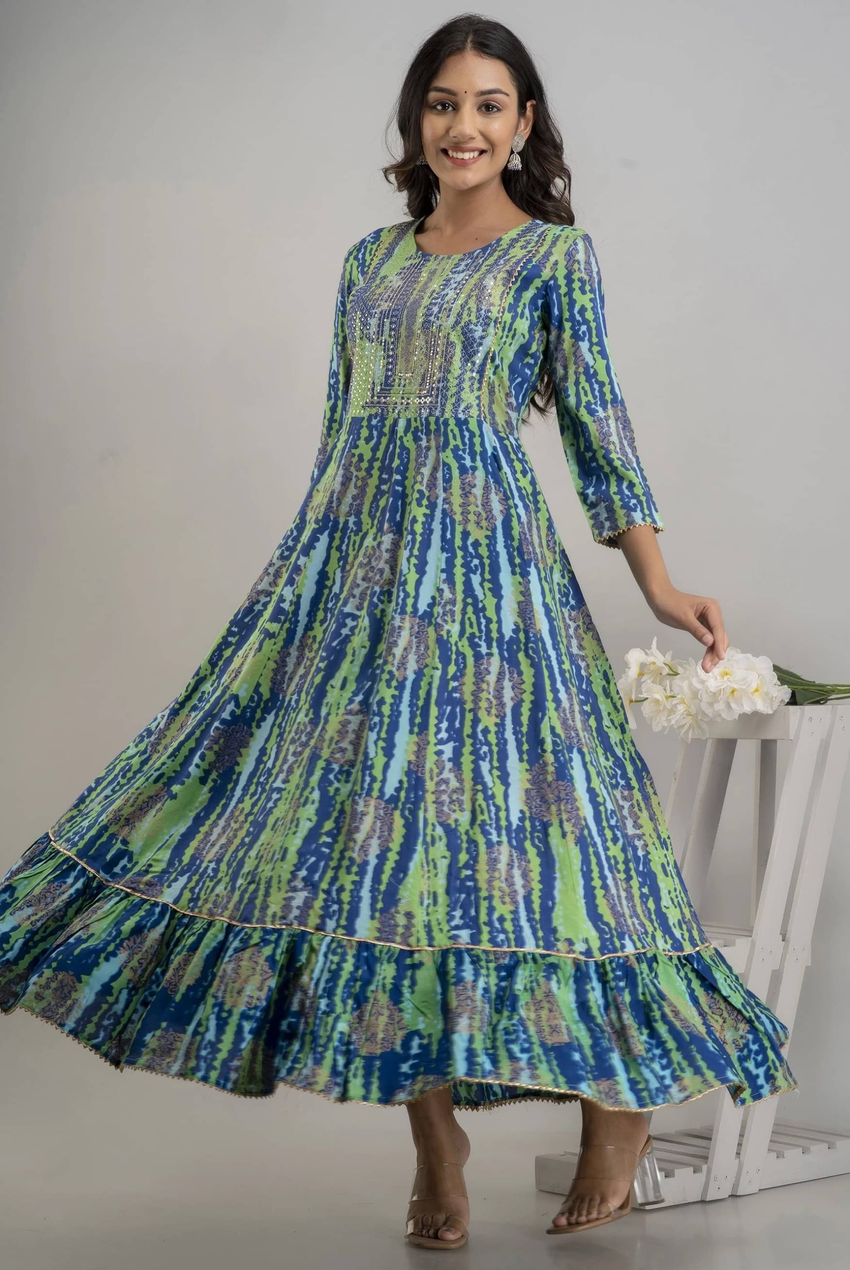     			anushansa Pack of 1 Rayon Printed Anarkali Women's Kurti - ( Blue )