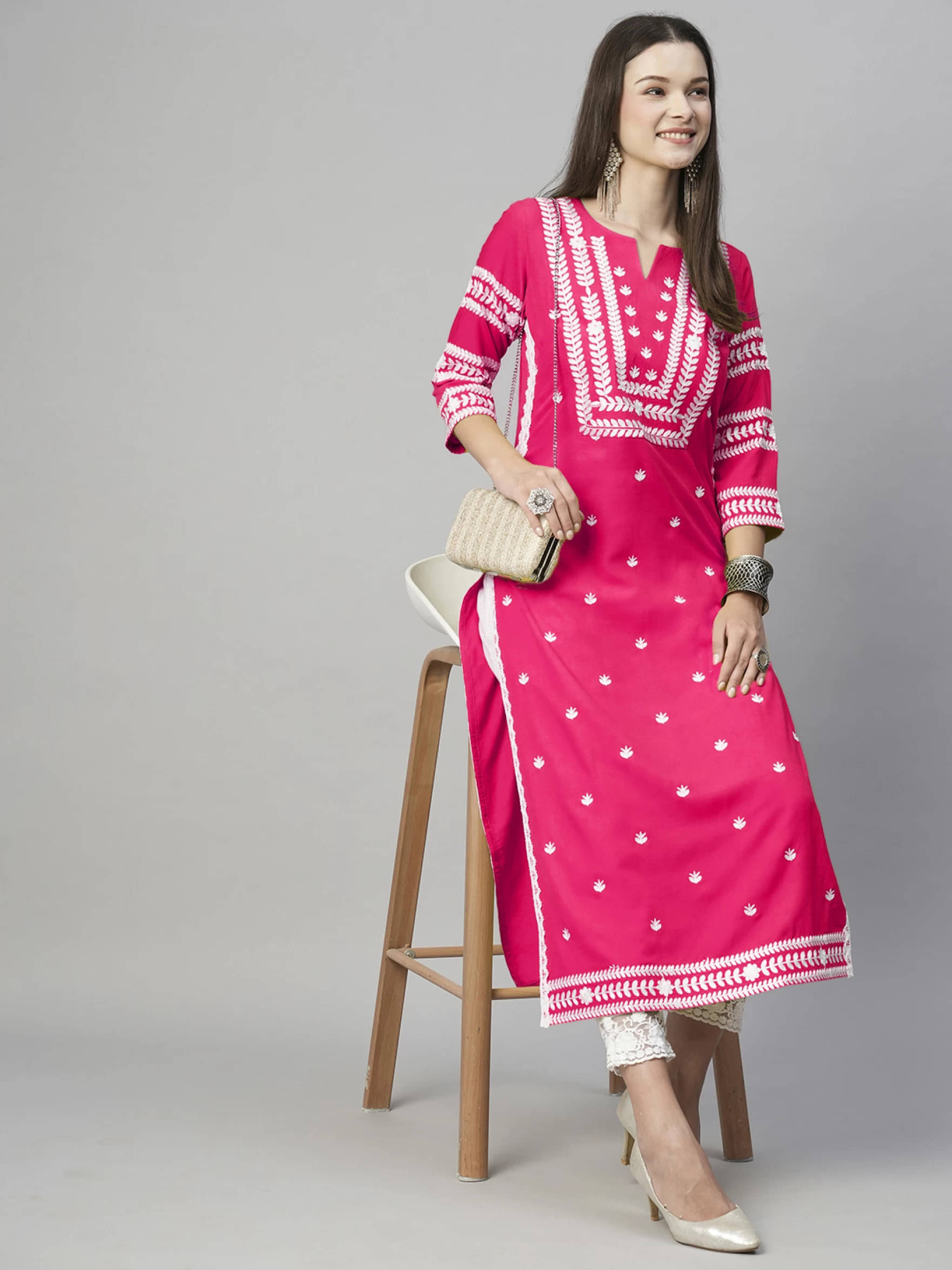     			anushansa Pack of 1 Rayon Embroidered Straight Women's Kurti - ( Pink )