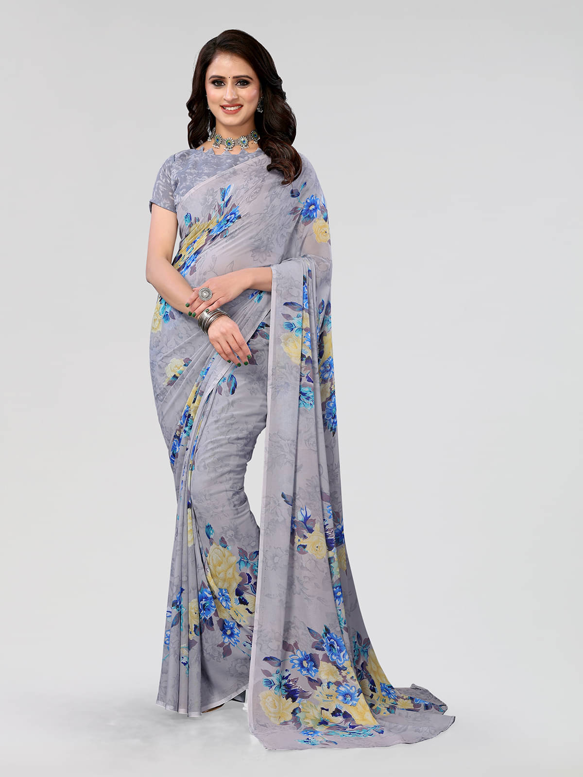 ANAND SAREES Georgette Printed Saree With Unstitched Blouse Piece ( Grey ) ANAND SAREES Georgette Printed Saree With Unstitched Blouse Piece ( Grey )