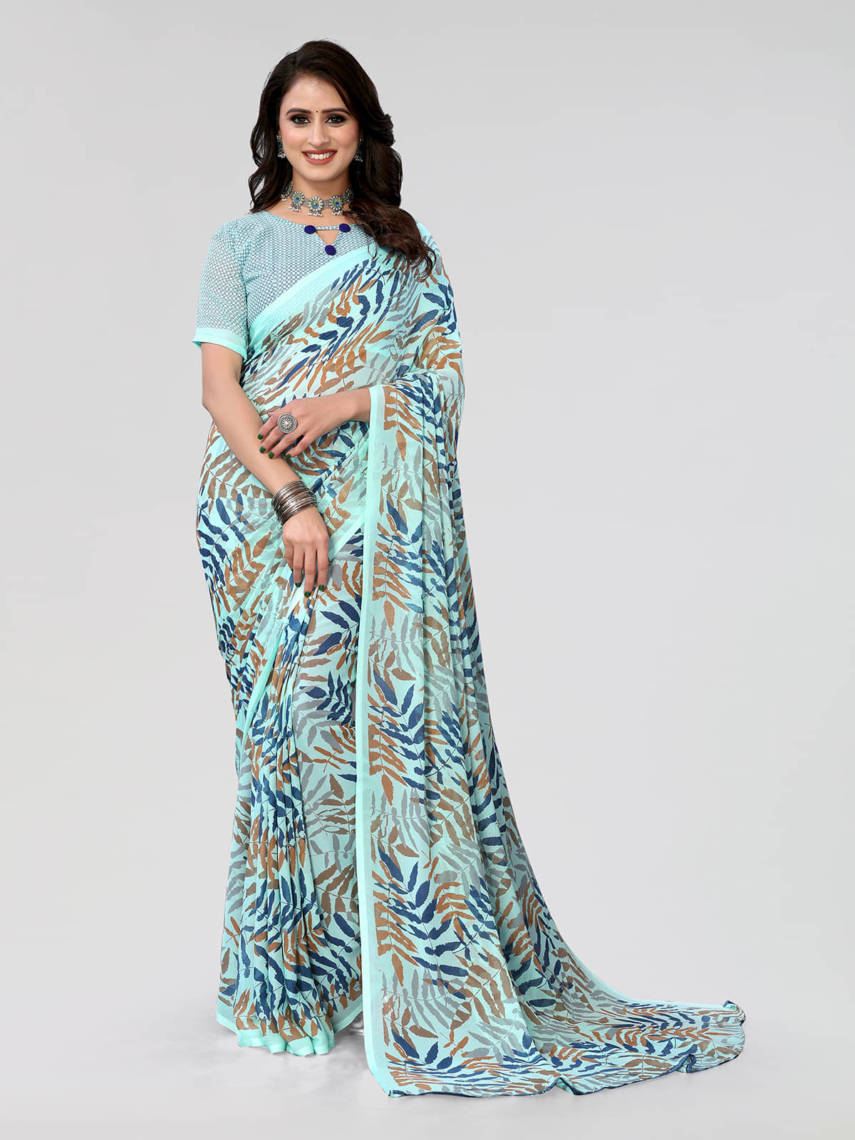 ANAND SAREES Georgette Printed Saree With Unstitched Blouse Piece ( Blue ) ANAND SAREES Georgette Printed Saree With Unstitched Blouse Piece ( Blue )