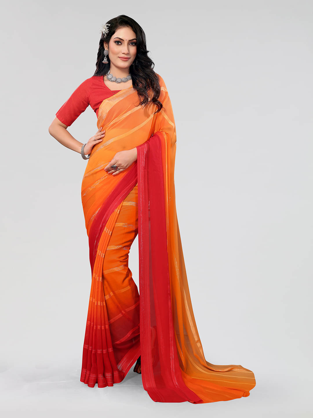 ANAND SAREES Georgette Dyed Saree With Unstitched Blouse Piece ( Orange ) ANAND SAREES Georgette Dyed Saree With Unstitched Blouse Piece ( Orange )