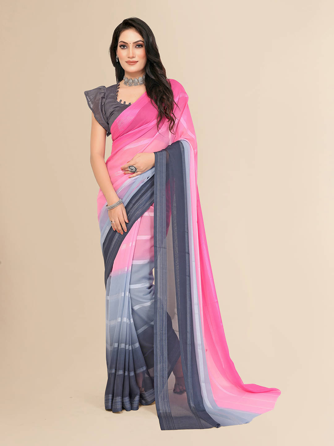 ANAND SAREES Satin Striped Saree With Unstitched Blouse Piece ( Black ) ANAND SAREES Satin Striped Saree With Unstitched Blouse Piece ( Black )