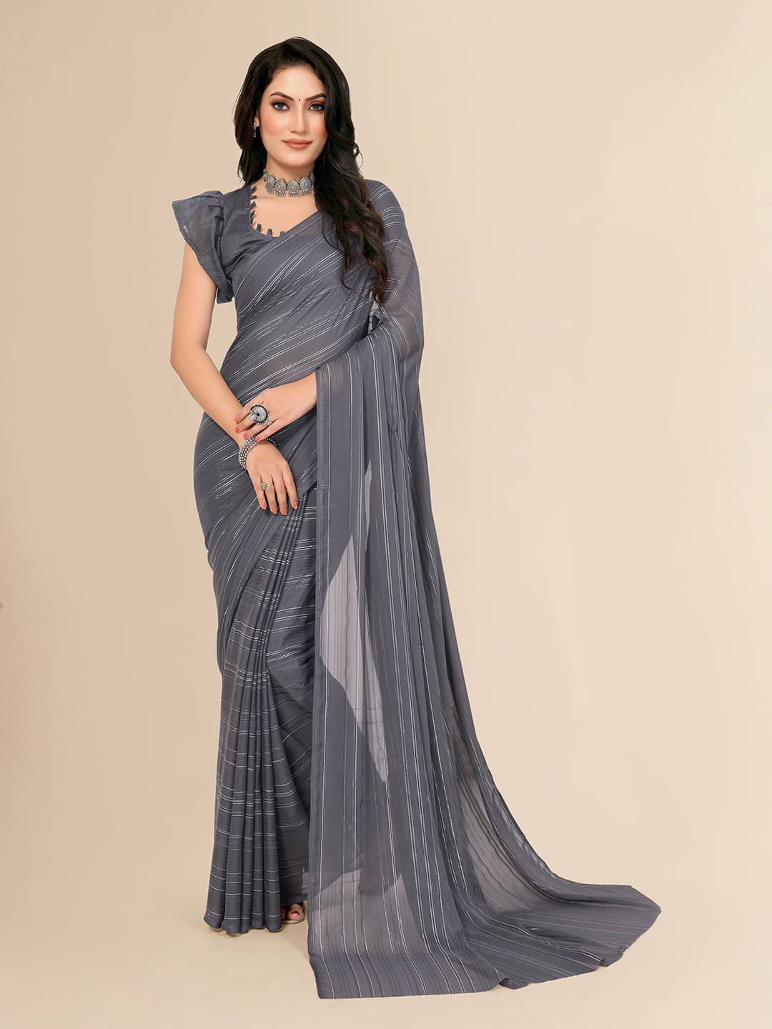    			ANAND SAREES Satin Striped Saree With Unstitched Blouse Piece ( Grey )