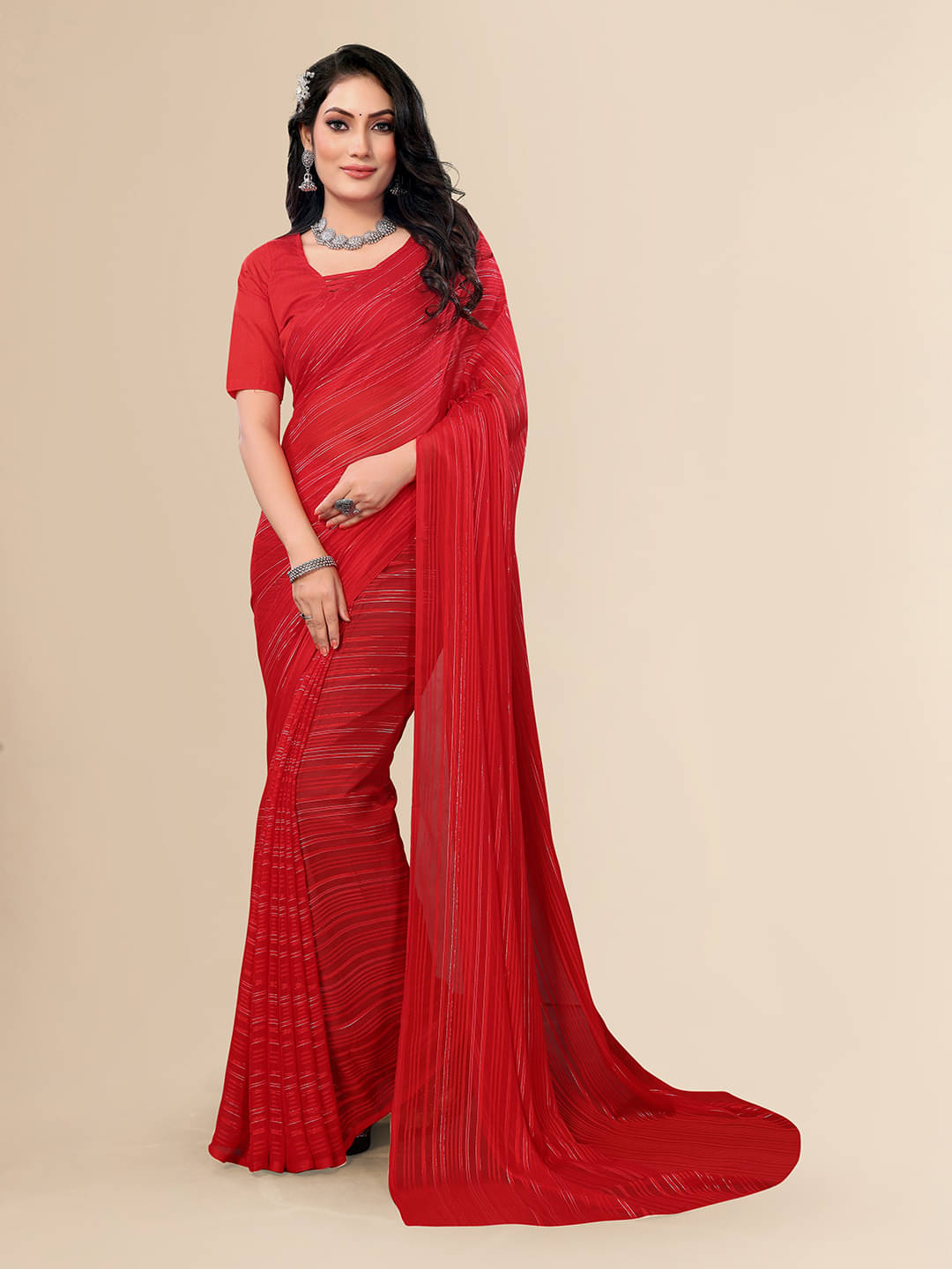 ANAND SAREES Satin Striped Saree With Unstitched Blouse Piece ( Red ) ANAND SAREES Satin Striped Saree With Unstitched Blouse Piece ( Red )