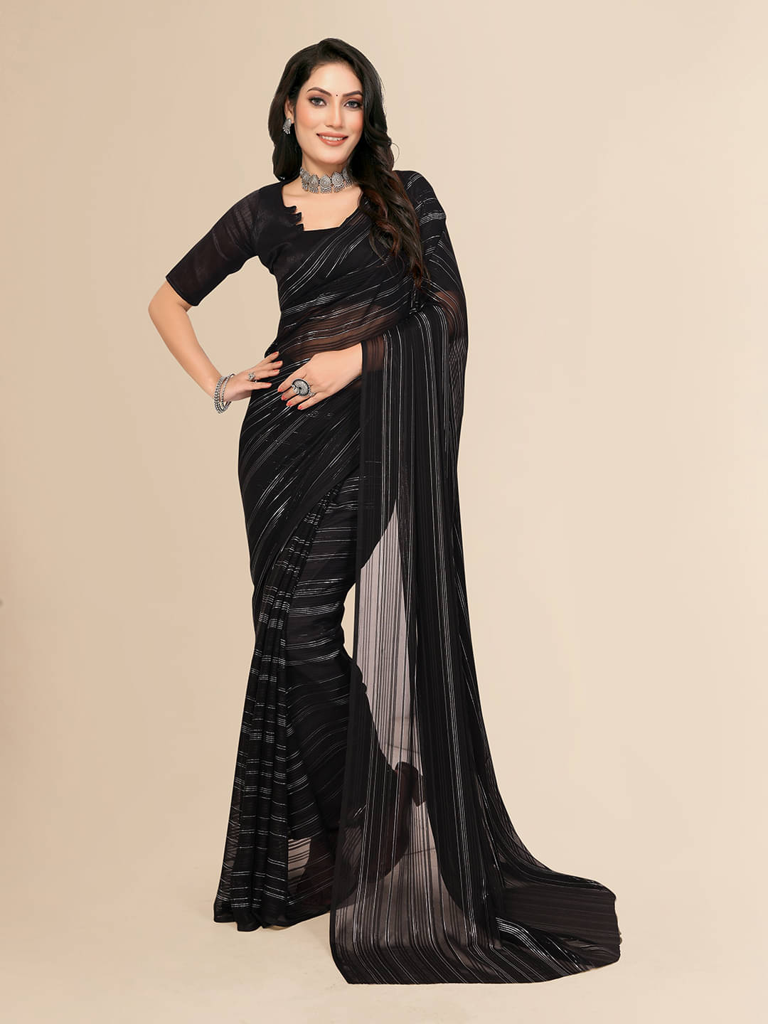 ANAND SAREES Satin Striped Saree With Unstitched Blouse Piece ( Black ) ANAND SAREES Satin Striped Saree With Unstitched Blouse Piece ( Black )