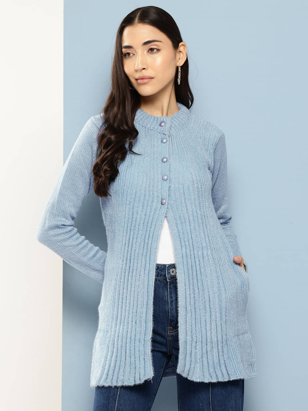     			Aarika Woollen Chinese/Mandarin Collar Women's Buttoned Cardigans - Blue ( Single )