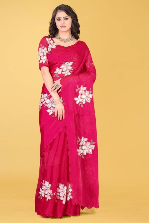     			Aika Organza Embellished Saree With Unstitched Blouse Piece ( Red )
