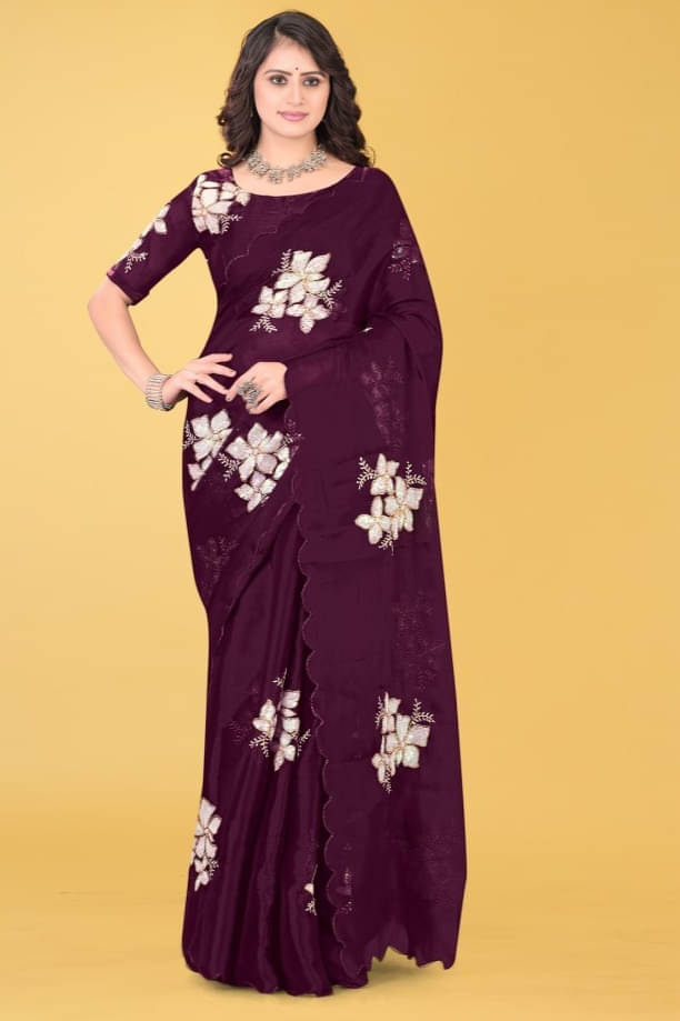 Aika Organza Embellished Saree With Unstitched Blouse Piece ( Wine ) Aika Organza Embellished Saree With Unstitched Blouse Piece ( Wine )
