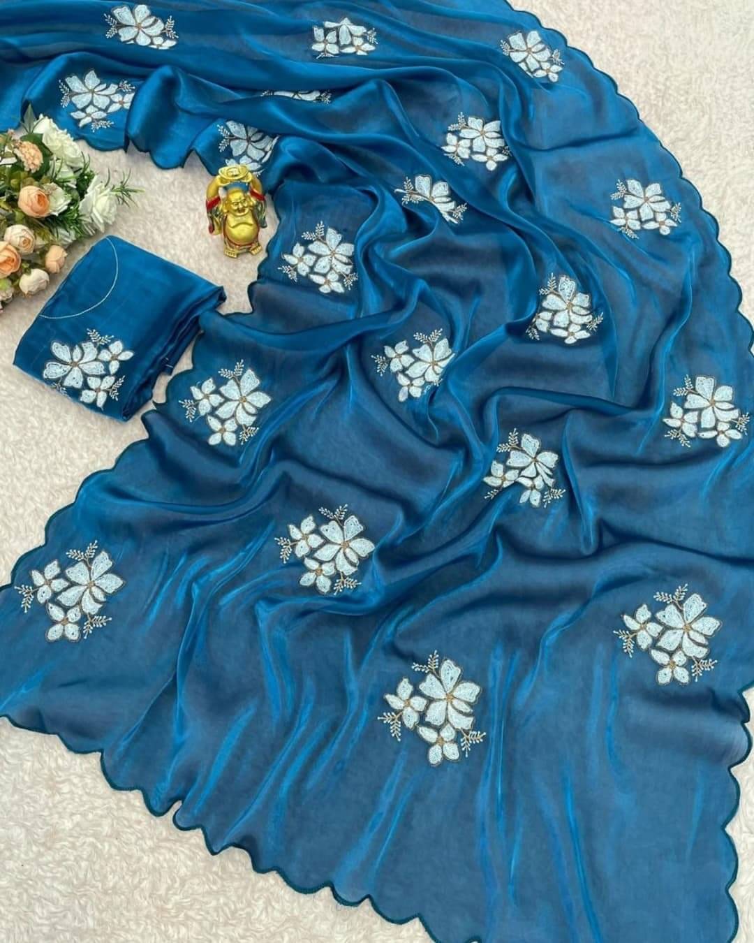 Apnisha Organza Embroidered Saree With Unstitched Blouse Piece ( Teal ) Apnisha Organza Embroidered Saree With Unstitched Blouse Piece ( Teal )