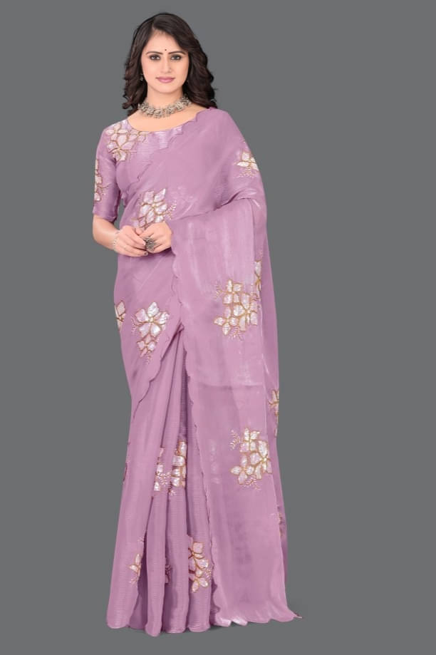     			Apnisha Organza Embellished Saree With Unstitched Blouse Piece ( Purple )