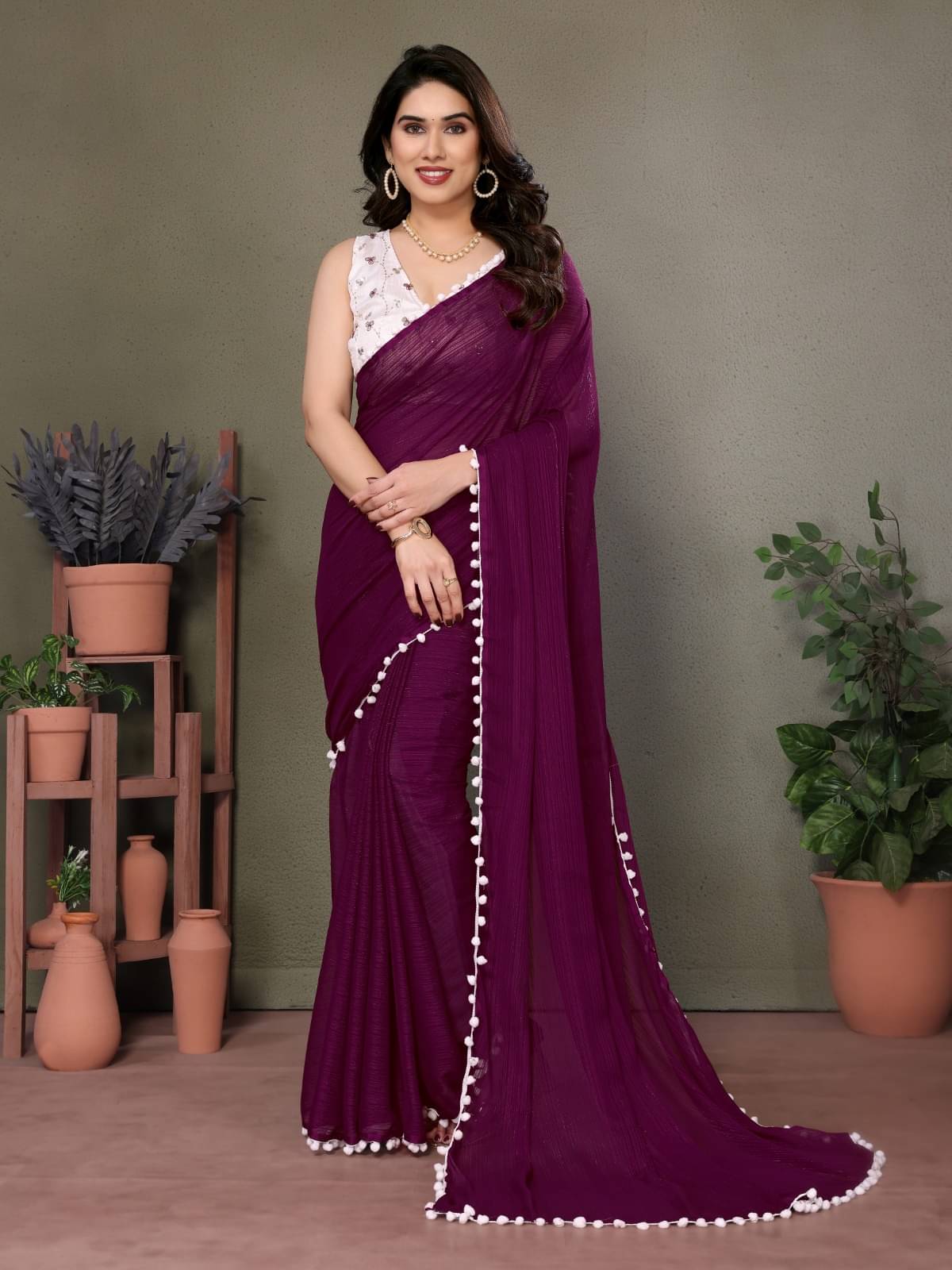BLEESBURY Chiffon Striped Saree With Unstitched Blouse Piece ( Purple ) BLEESBURY Chiffon Striped Saree With Unstitched Blouse Piece ( Purple )