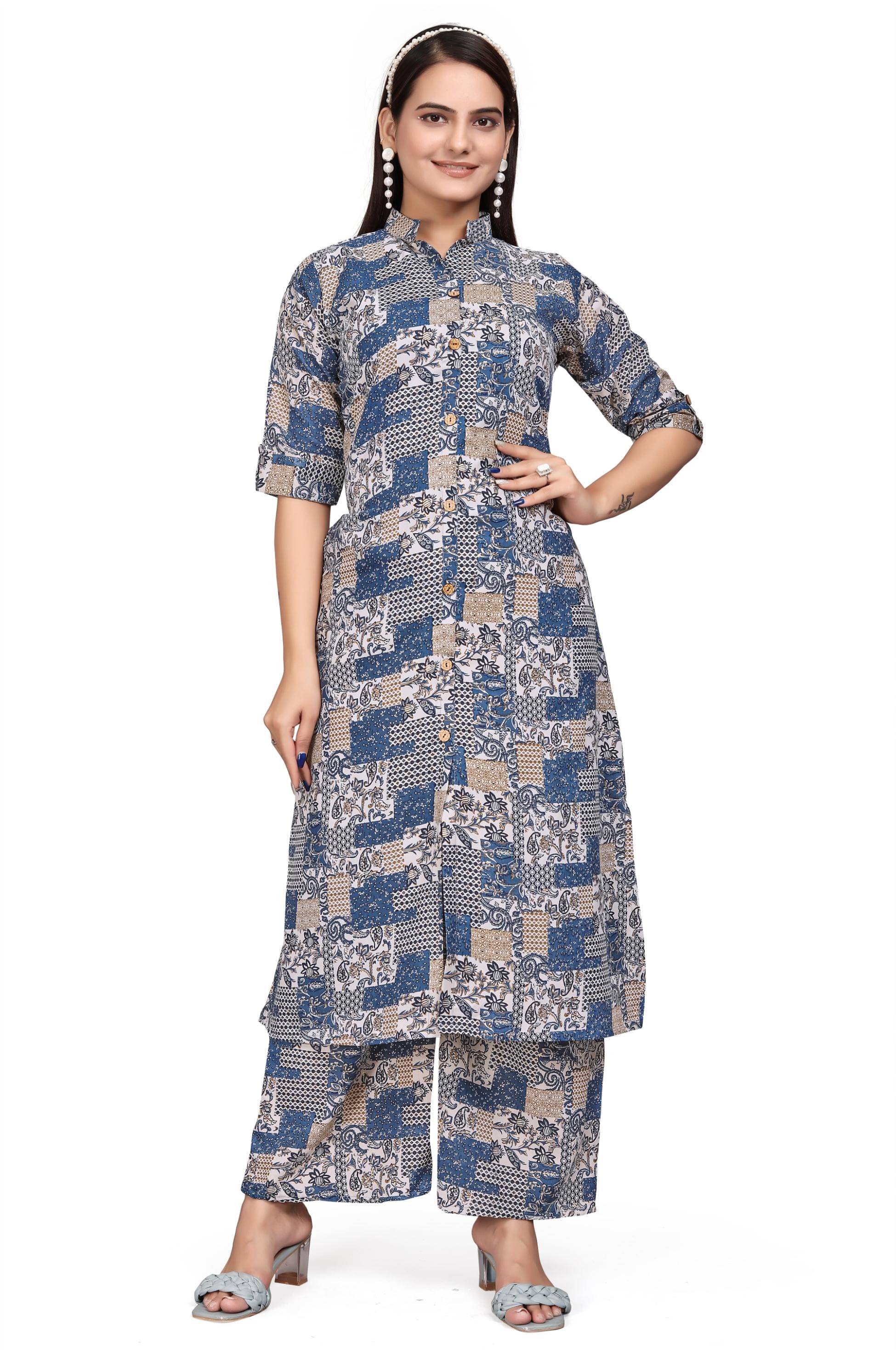 Devakii Cotton Blend Printed Kurti With Palazzo Women's Stitched Salwar Suit - Blue ( Pack of 1 ) Devakii Cotton Blend Printed Kurti With Palazzo Women's Stitched Salwar Suit - Blue ( Pack of 1 )