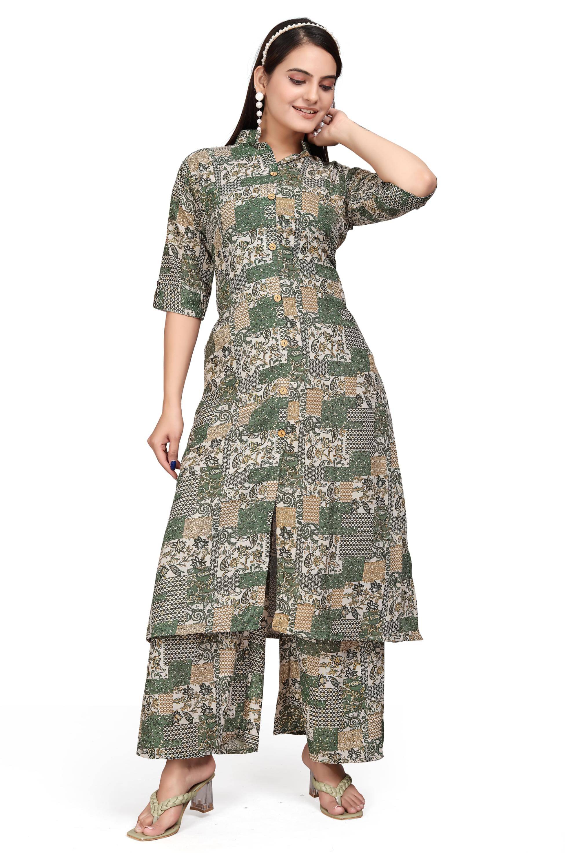 Devakii Cotton Blend Printed Kurti With Palazzo Women's Stitched Salwar Suit - Olive ( Pack of 1 ) Devakii Cotton Blend Printed Kurti With Palazzo Women's Stitched Salwar Suit - Olive ( Pack of 1 )