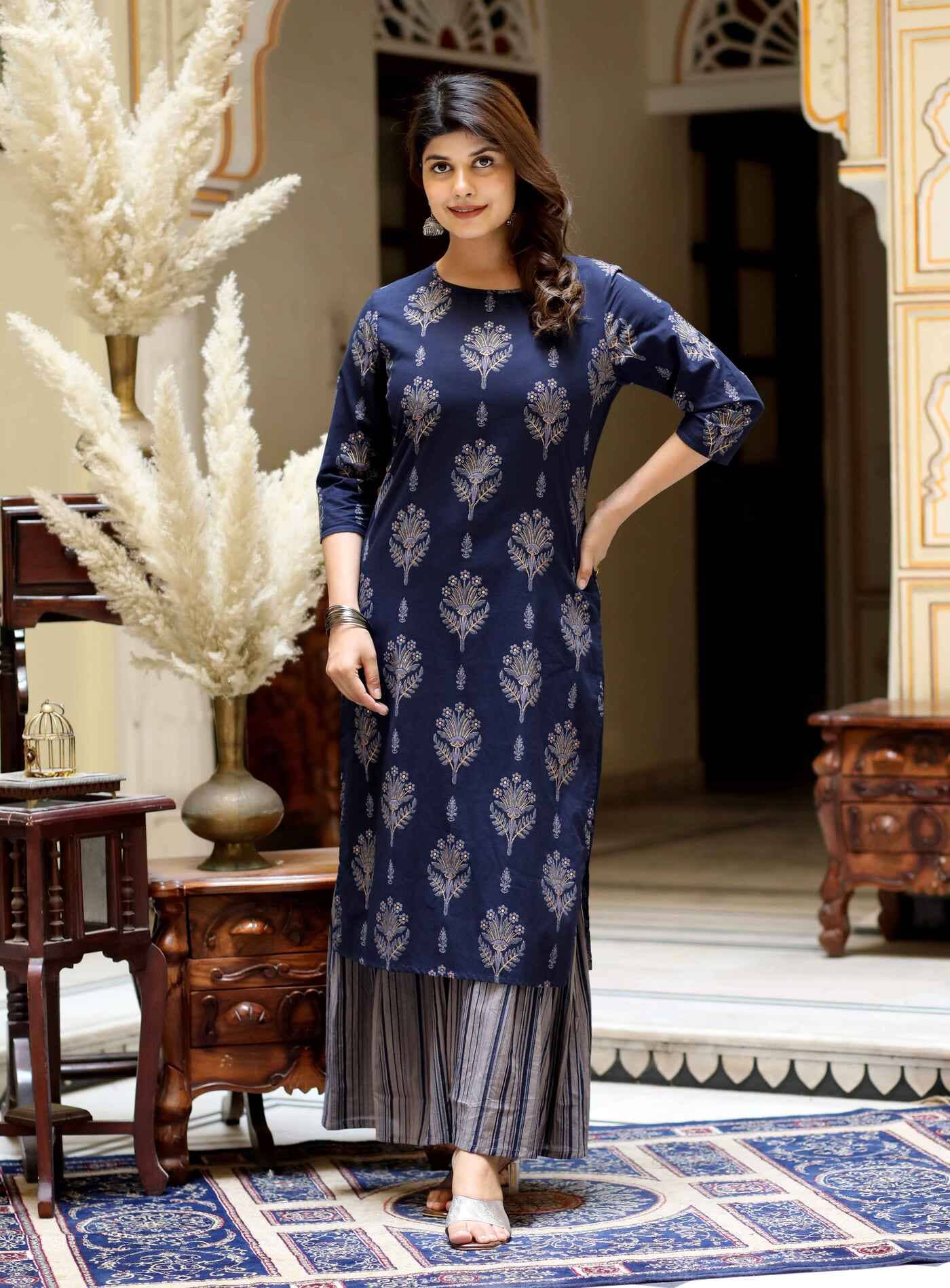 Doriyaan Cotton Printed Kurti With Sharara And Gharara Women's Stitched Salwar Suit - Blue ( Pack of 1 )