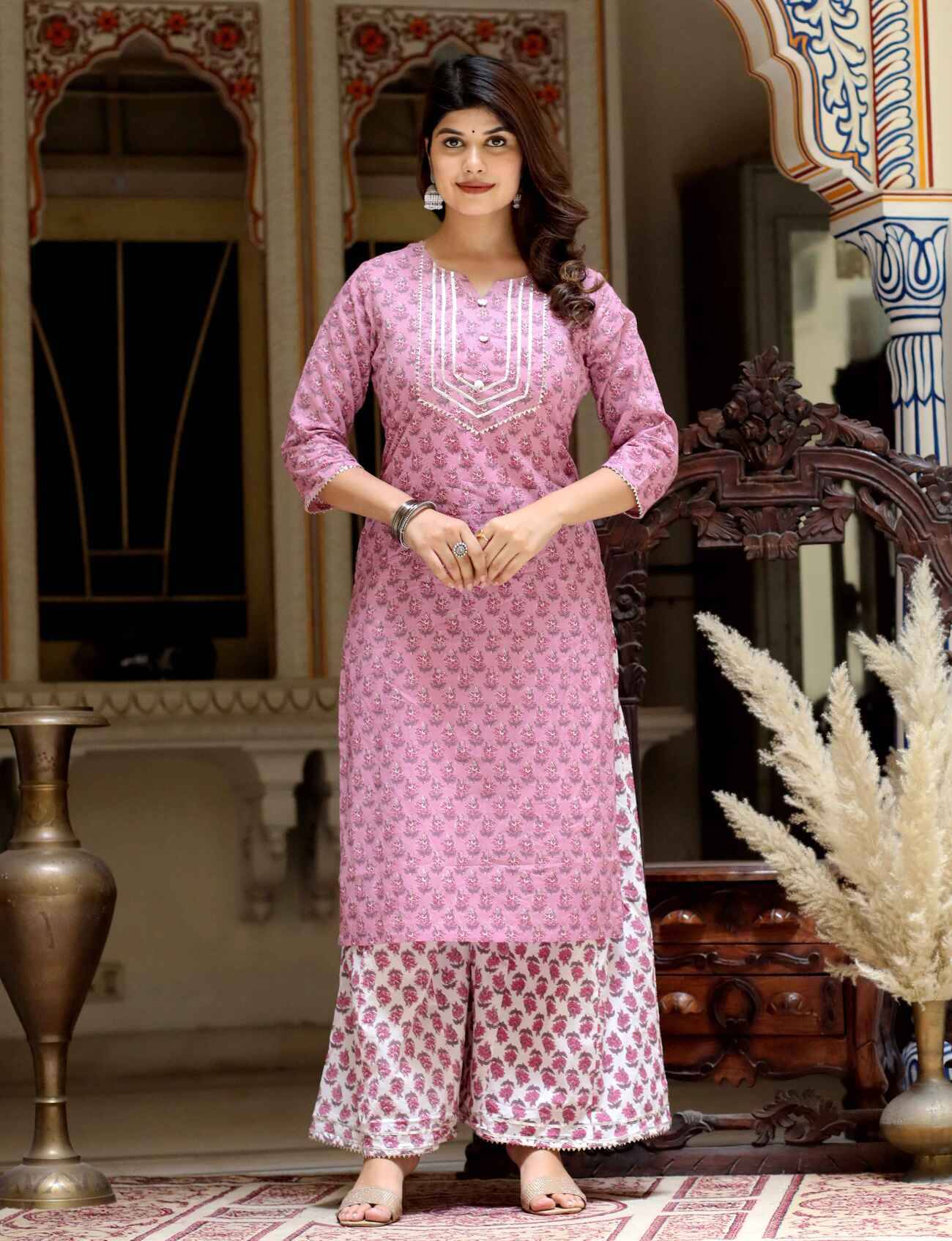Doriyaan Cotton Printed Kurti With Palazzo Women's Stitched Salwar Suit - Pink ( Pack of 1 ) Doriyaan Cotton Printed Kurti With Palazzo Women's Stitched Salwar Suit - Pink ( Pack of 1 )