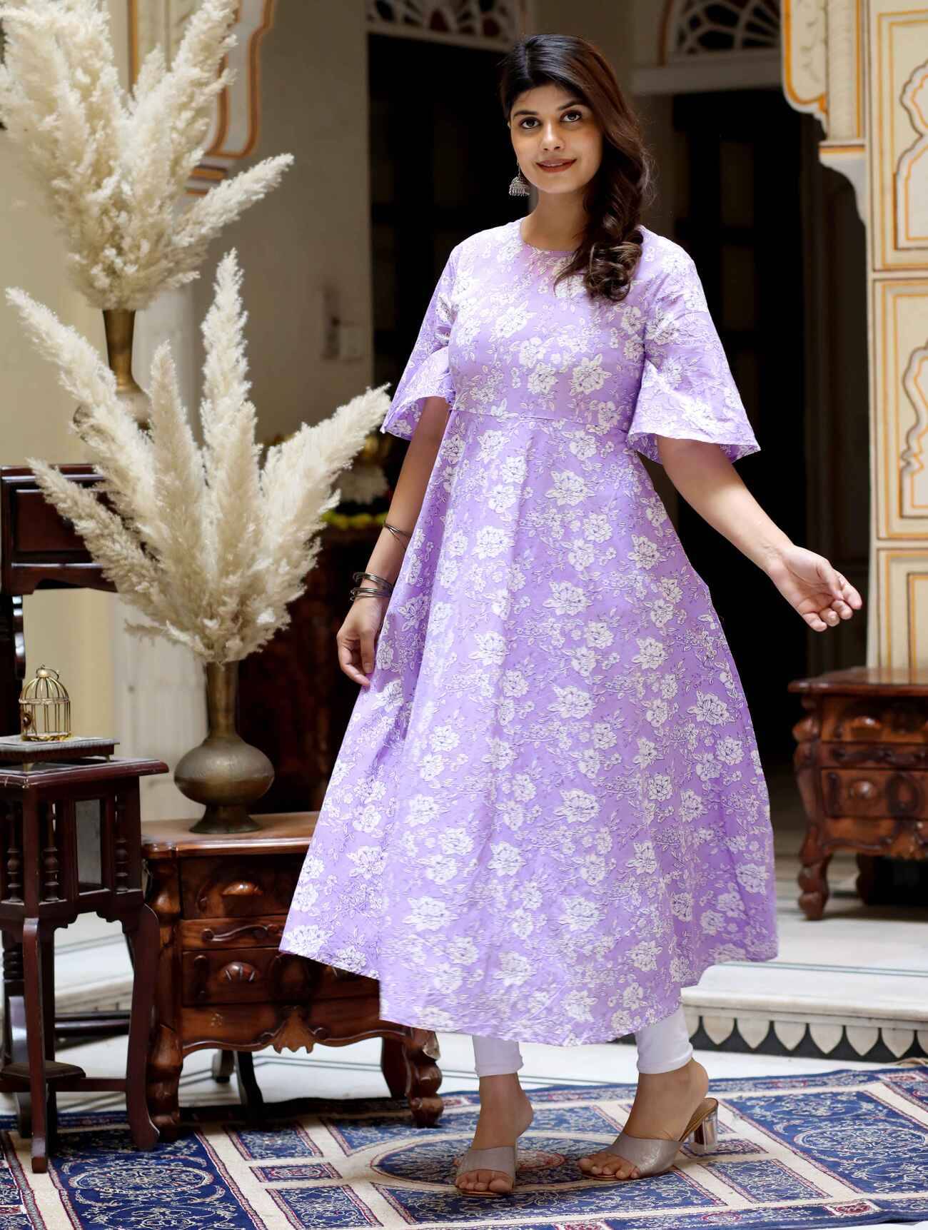 Doriyaan Pack of 1 Cotton Printed Anarkali Women's Kurti - ( Lavender )     			Doriyaan Pack of 1 Cotton Printed Anarkali Women's Kurti - ( Lavender )