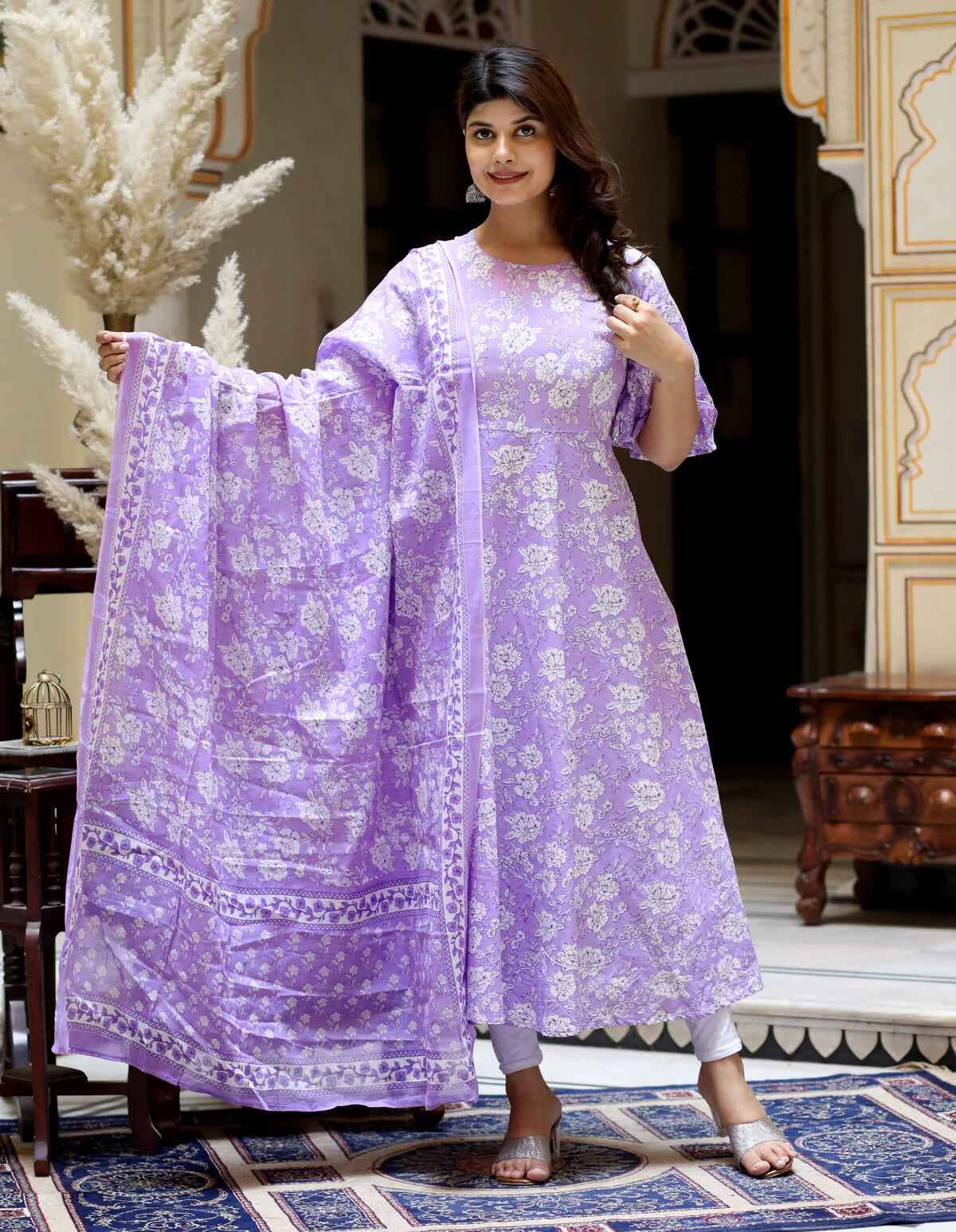 Doriyaan Pack of 1 Cotton Printed Anarkali Women's Kurti - ( Lavender ) - Kurtis, Tunics | Buy online on ZillyBuy
