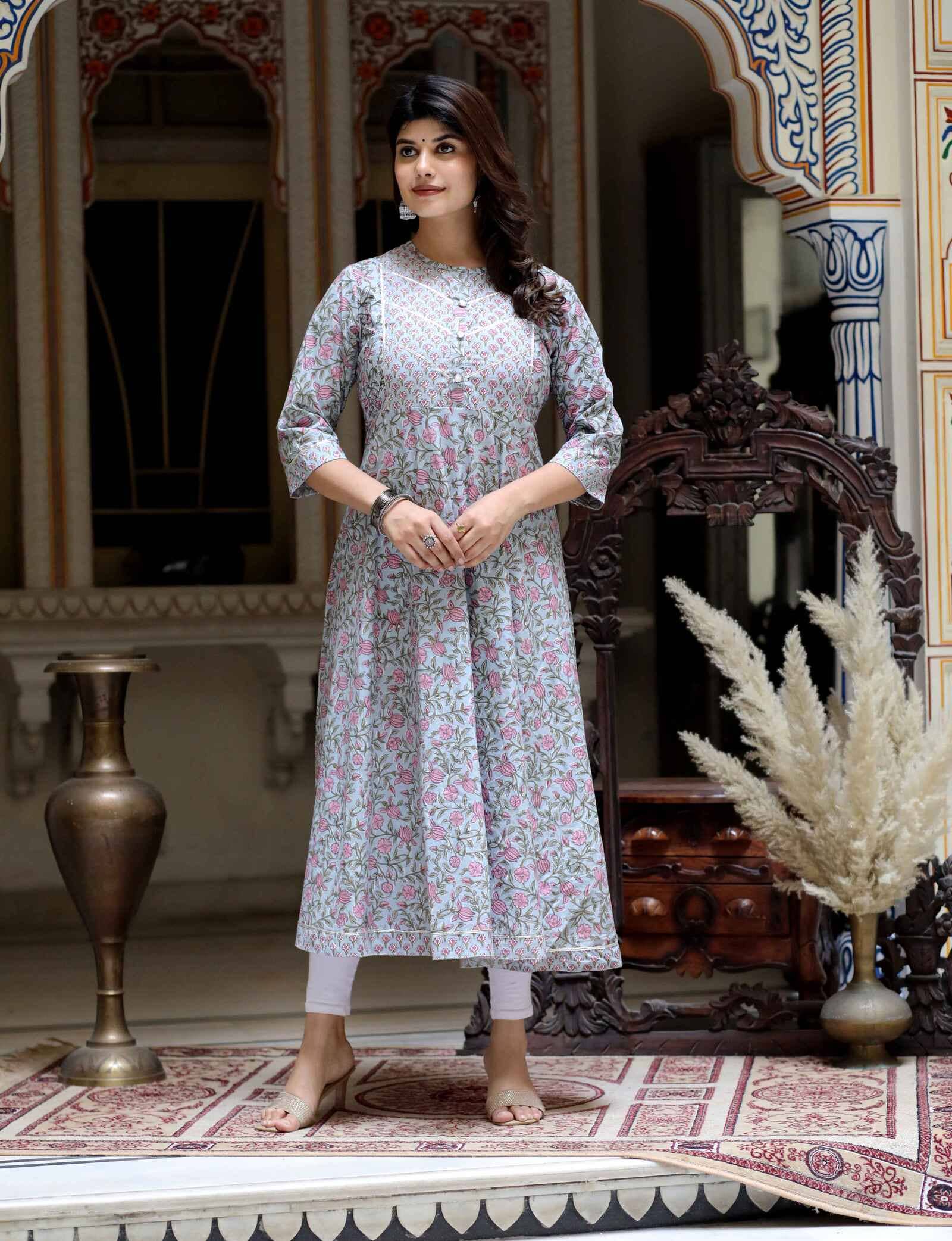Doriyaan Pack of 1 Cotton Printed Anarkali Women's Kurti - ( Blue ) - Kurtis, Tunics | Buy online on ZillyBuy
