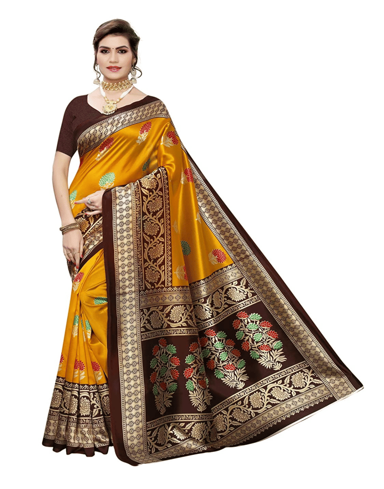     			Grubstaker Art Silk Printed Saree With Unstitched Blouse Piece ( Yellow )
